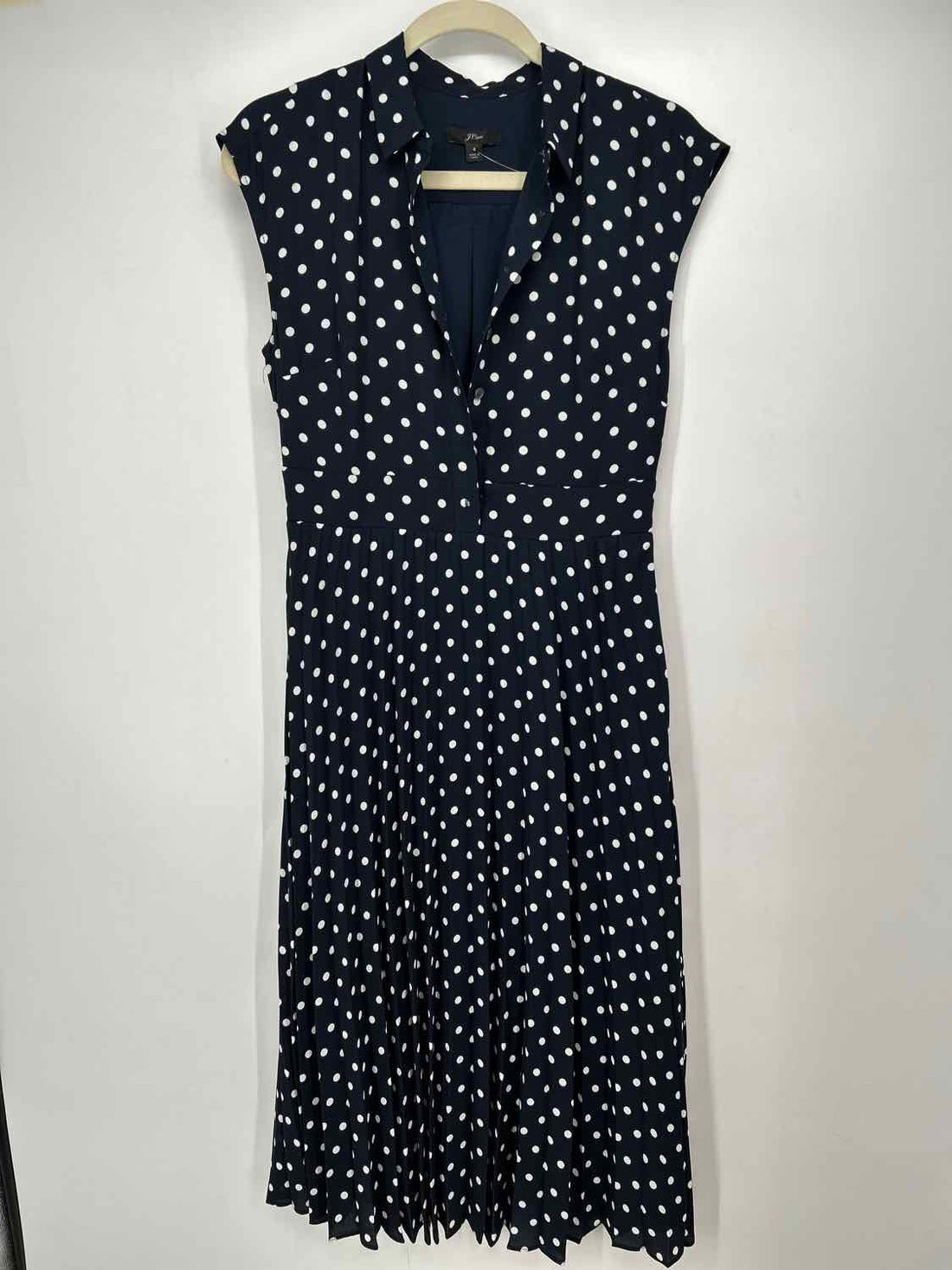 J Crew Size 4 Navy Polkadot Pleated Short Sleeve Dress