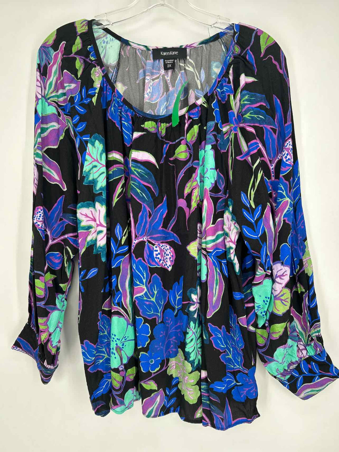 Karen Kane Size 2X Black Blue & Purple Floral Long Sleeve Top/Blouse