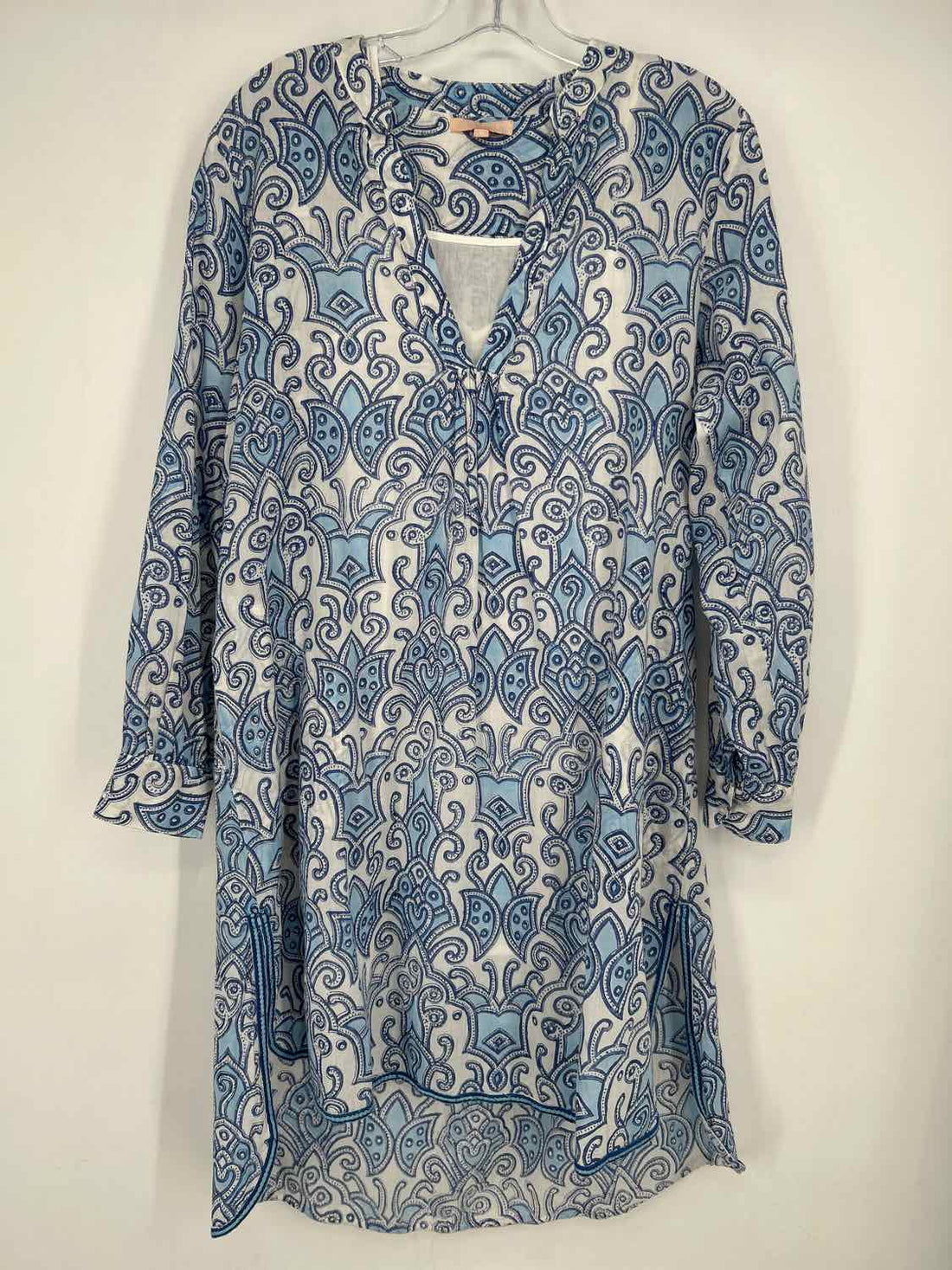 Azure Size S White & Blue Print Cotton Long Sleeve Dress