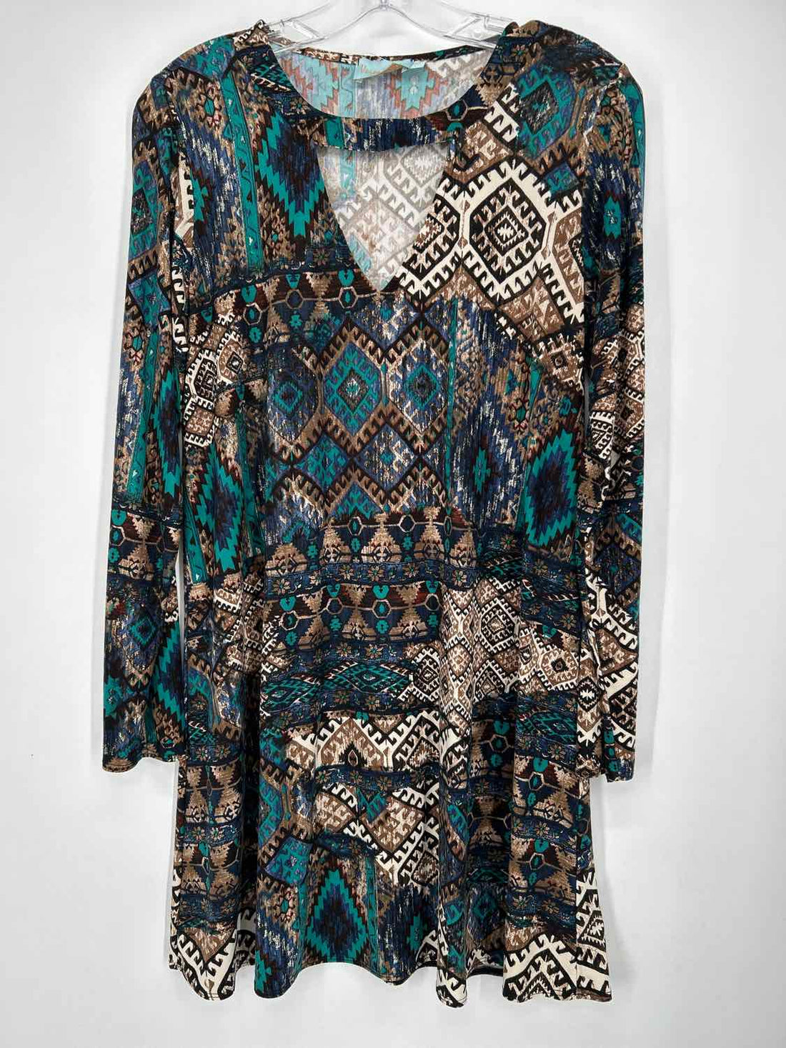 Veronica M Size L Teal & Blue Print Long Sleeve Dress