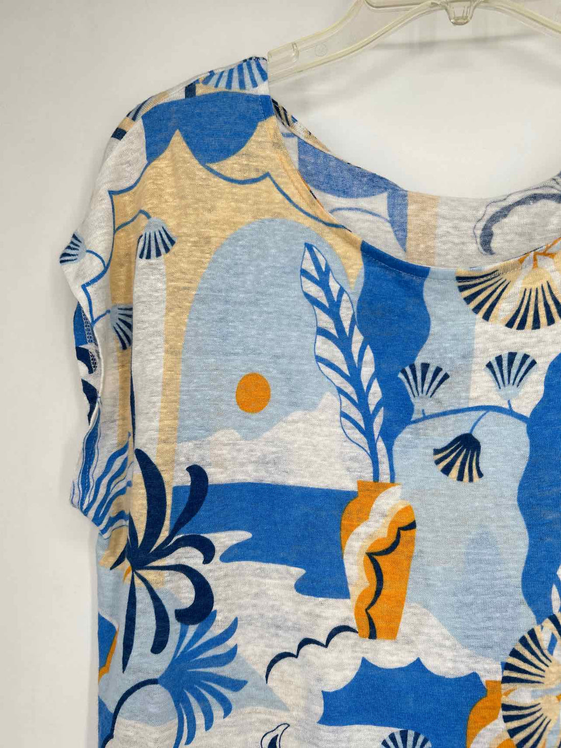 Nicole Miller Size XL Blue & White Print Linen Short Sleeve