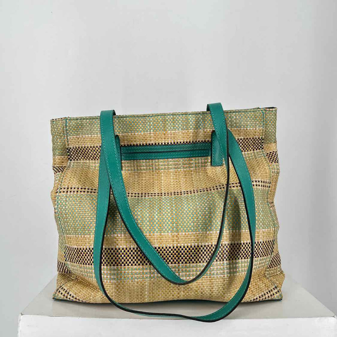 Patricia Nash Turquoise Multi Color Straw/Leather Pre Owned Tote