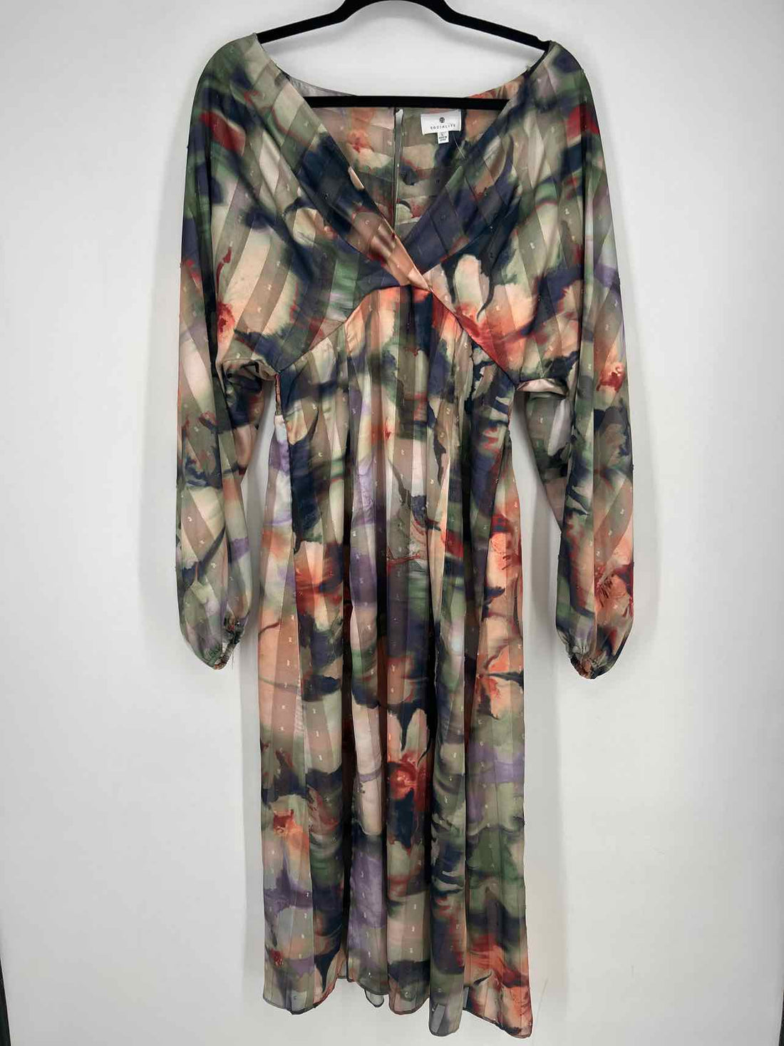 Socialite Size L Green & Navy Print Long Sleeve Maxi