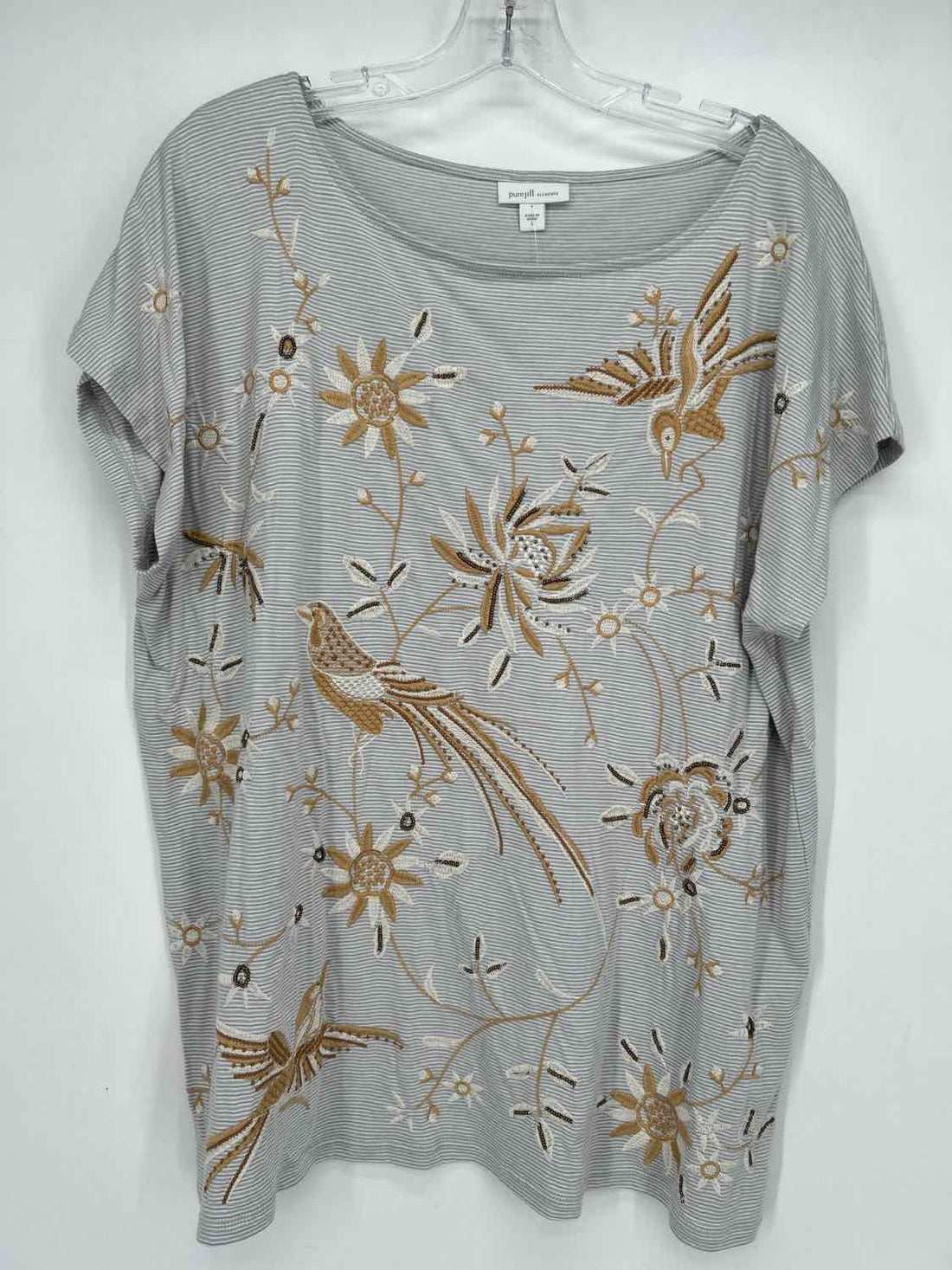 Pure Jill Size L Gray Striped Embroidered Short Sleeve