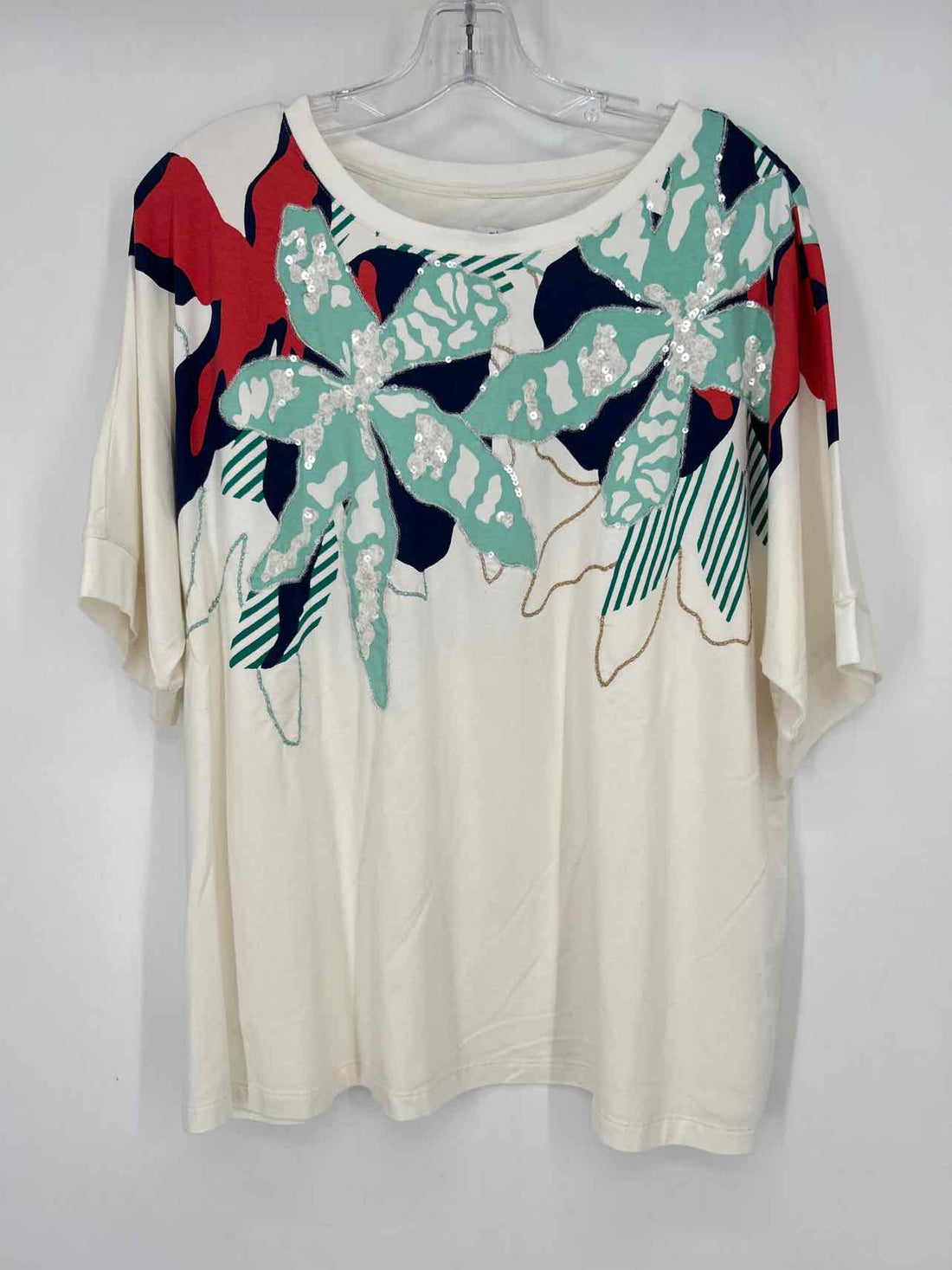 Chicos Size 3/XL White & Turquoise Floral Embellished Short Sleeve