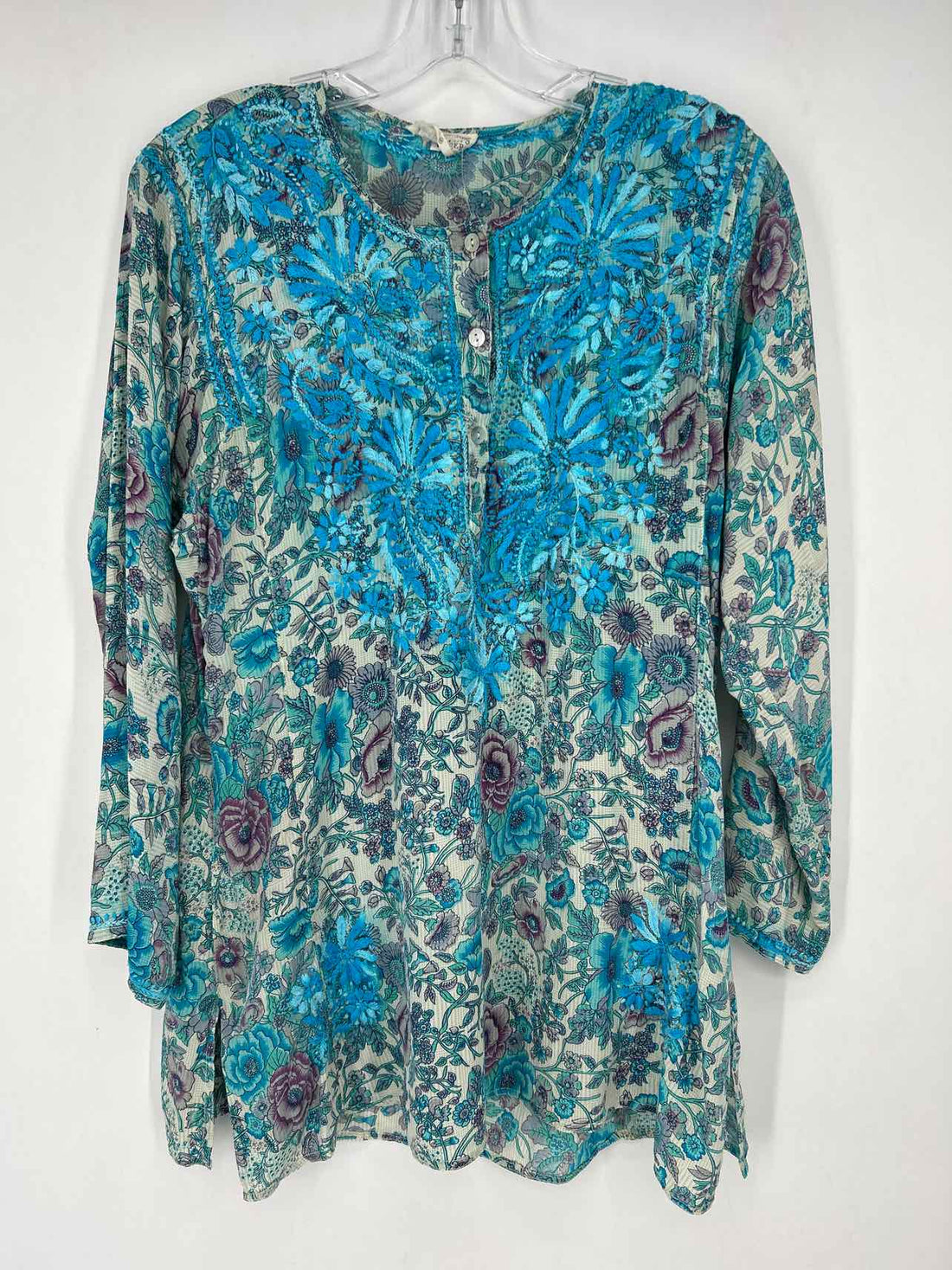 Fisherman's Daughter Size M Blue Floral Silk Long Sleeve