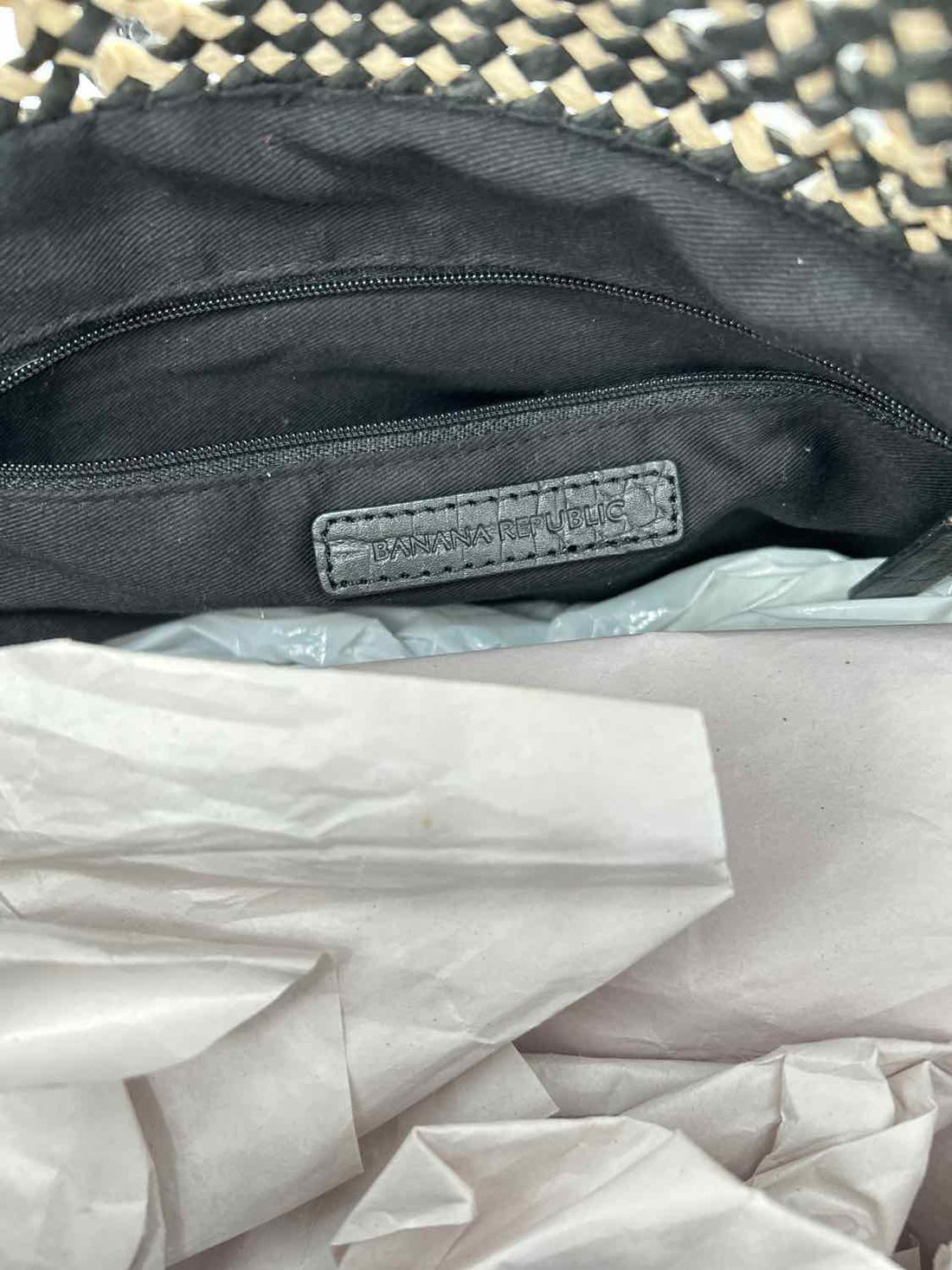 Banana Republic Black & Tan Tote Raffia with Leather Handle