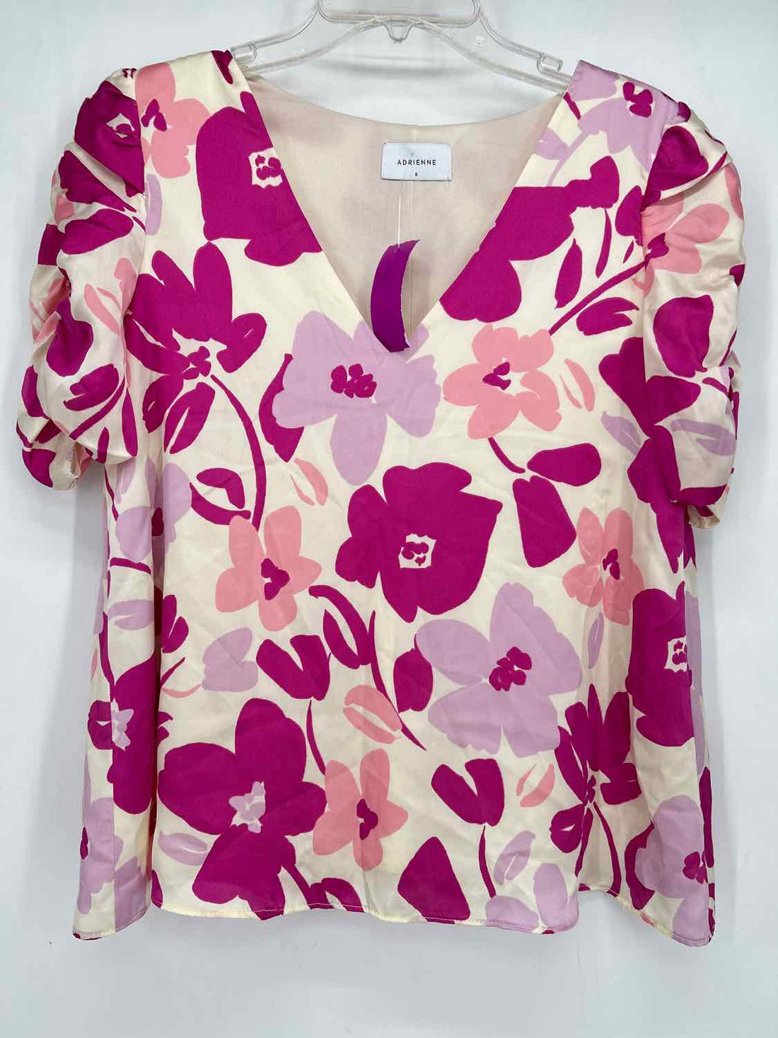 Adrienne Size S Ivory & Purple Print Short Sleeve