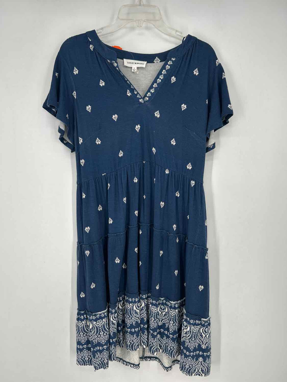Lucky Brand Size L Navy Print Short Sleeve Dress