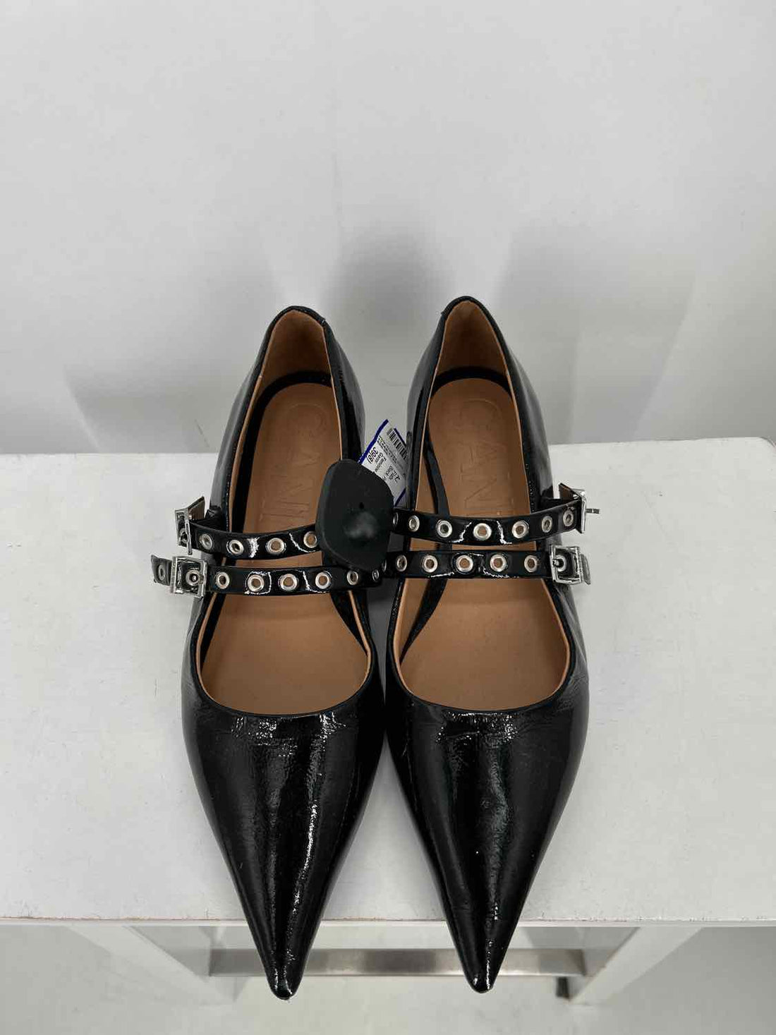 Ganni Women Size 39(8) Black Patent Leather Feminine Buckle Ballerina Flats