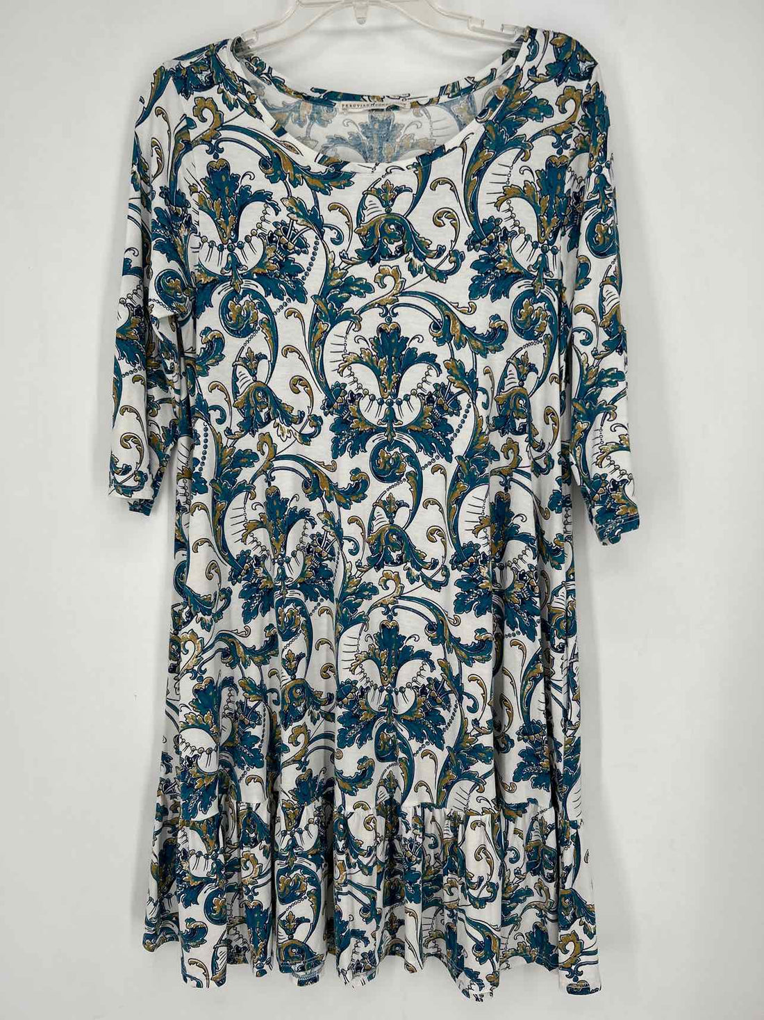 Peruvian Connections Size S White & Teal Print Dress