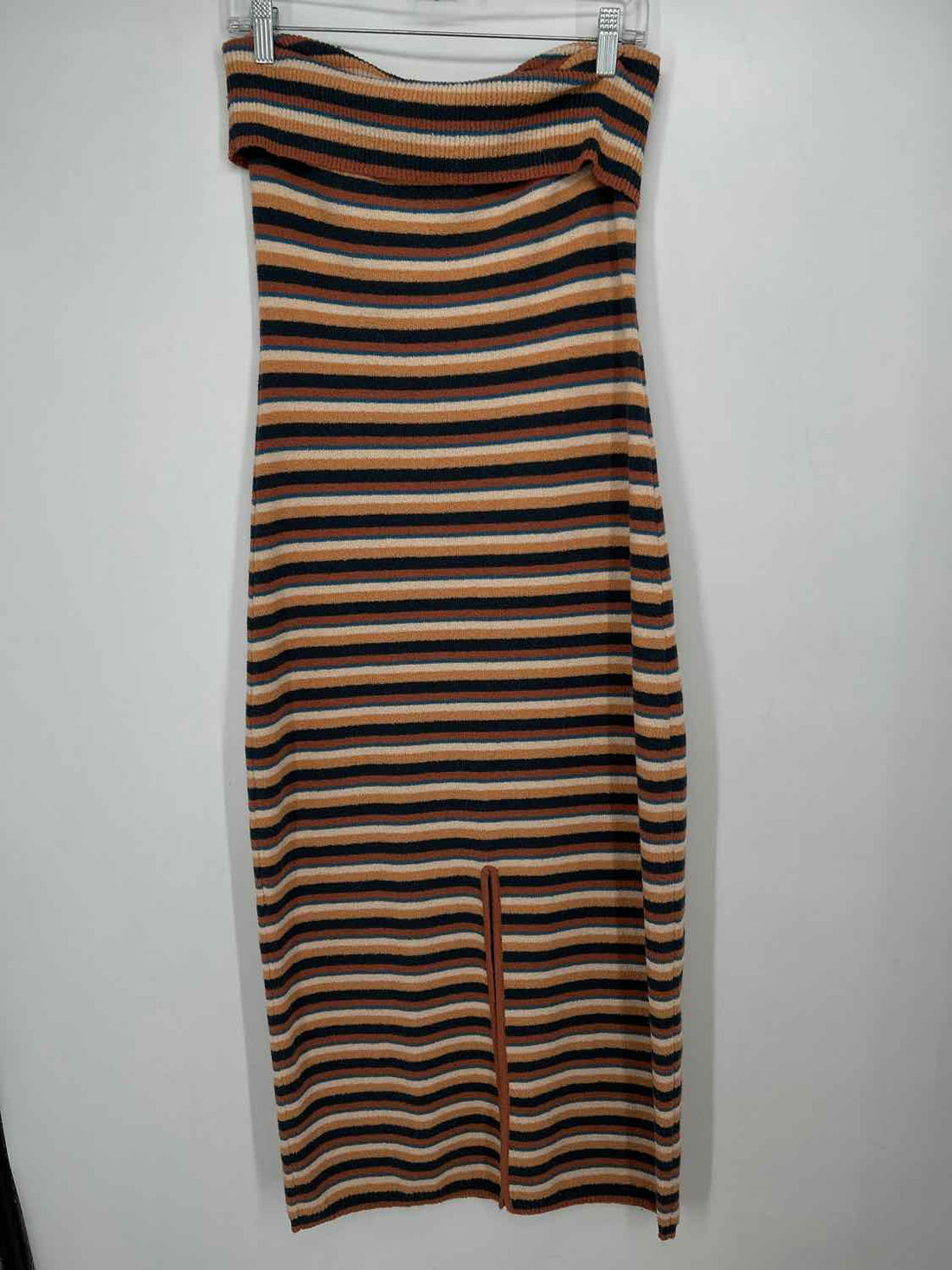 Le Lis Size L Rust Cream & Blue Striped Strapless Dress