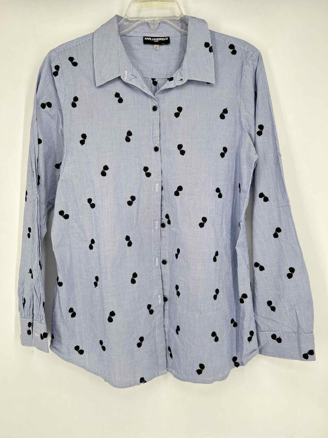 Karl Lagerfeld Size L White & Navy Striped Embroidered Long Sleeve