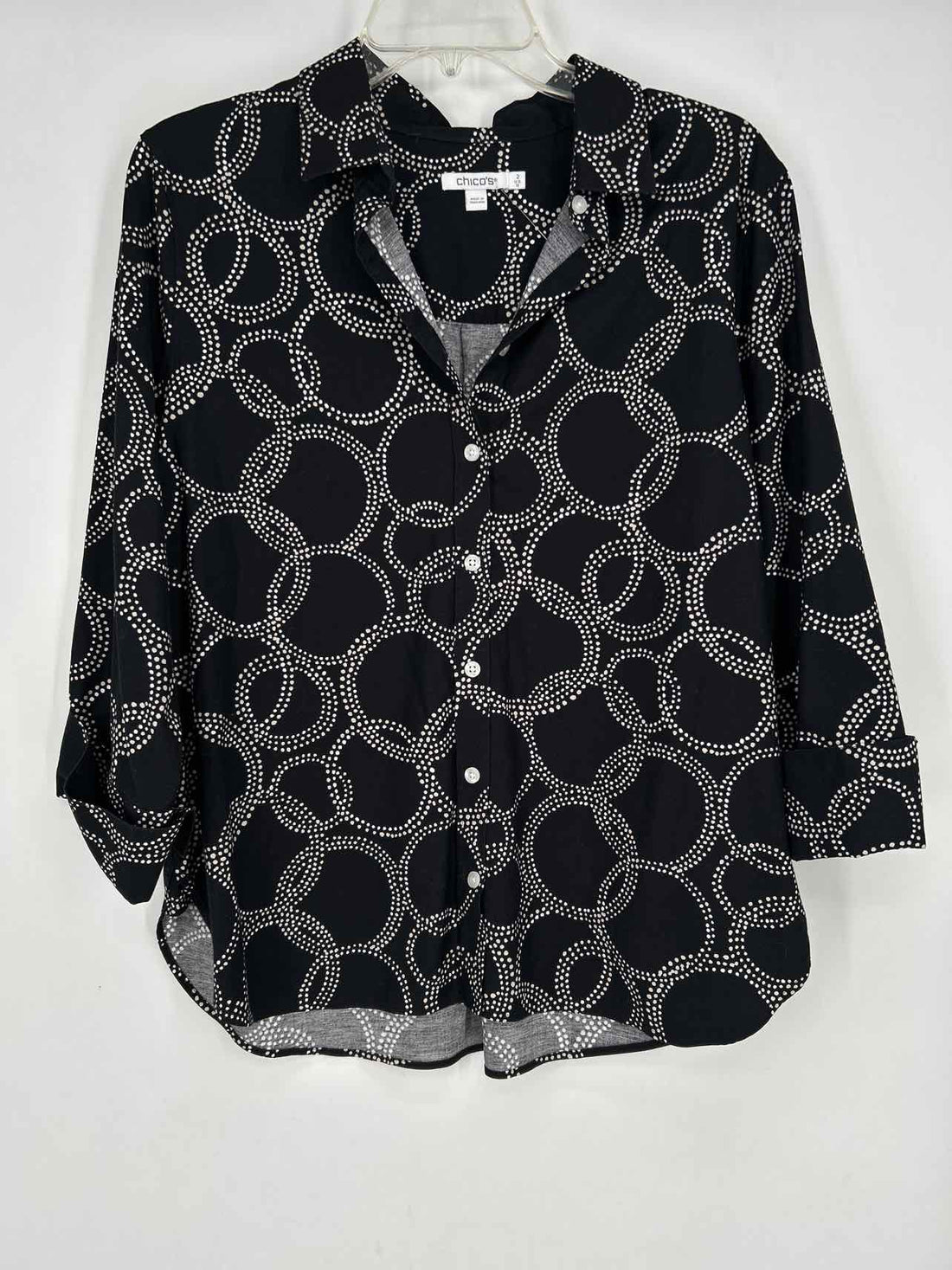 Chicos Size 2/L Black Print Long Sleeve
