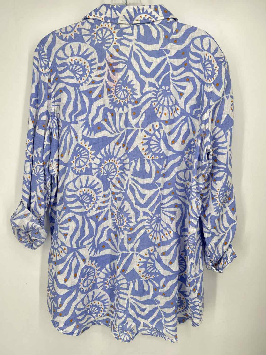 Nicole Miller Size L Blue & White Print Linen 100% Long Sleeve