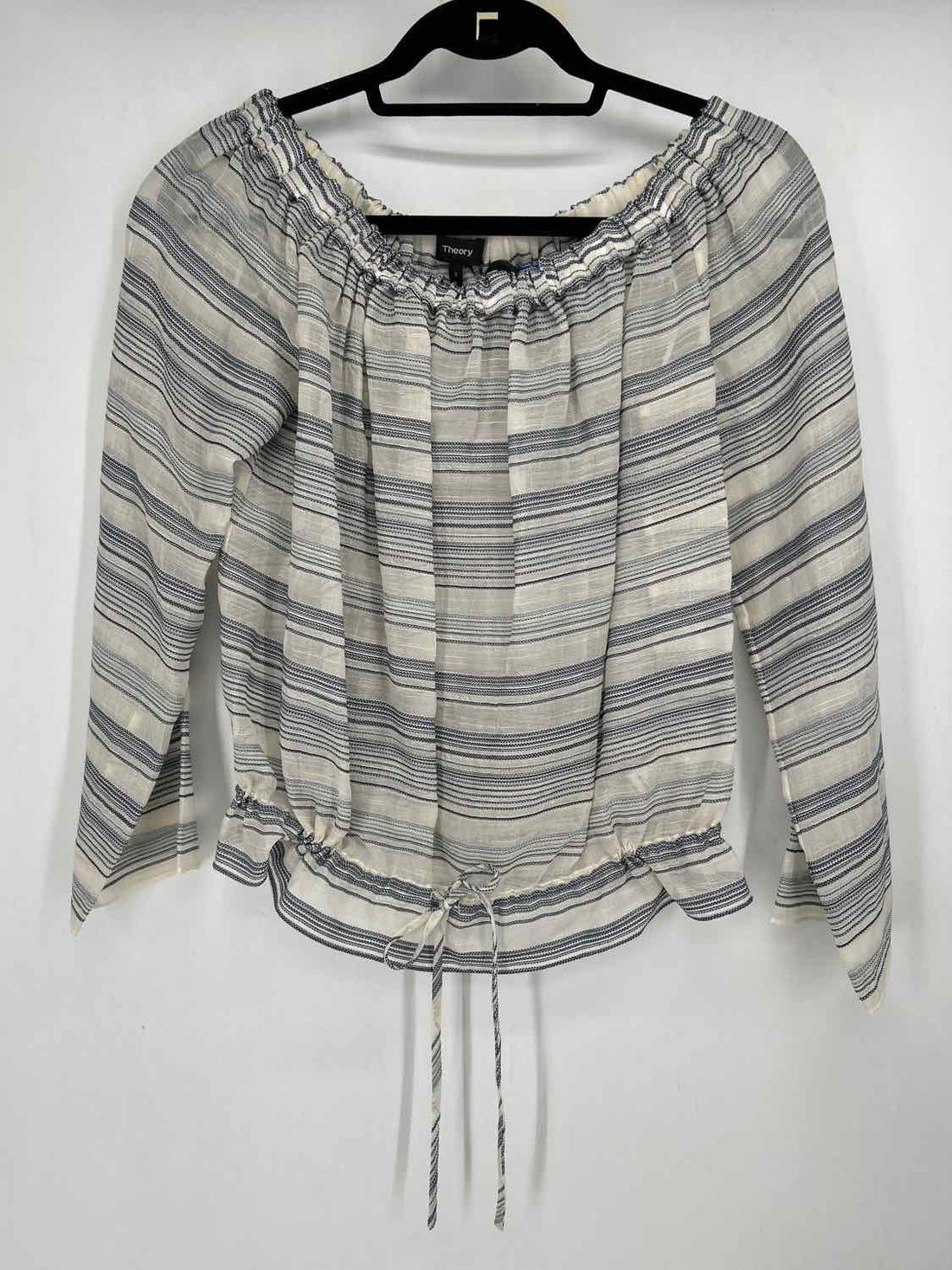 Theory Size S White & Navy Striped Cotton & Silk Long Sleeve