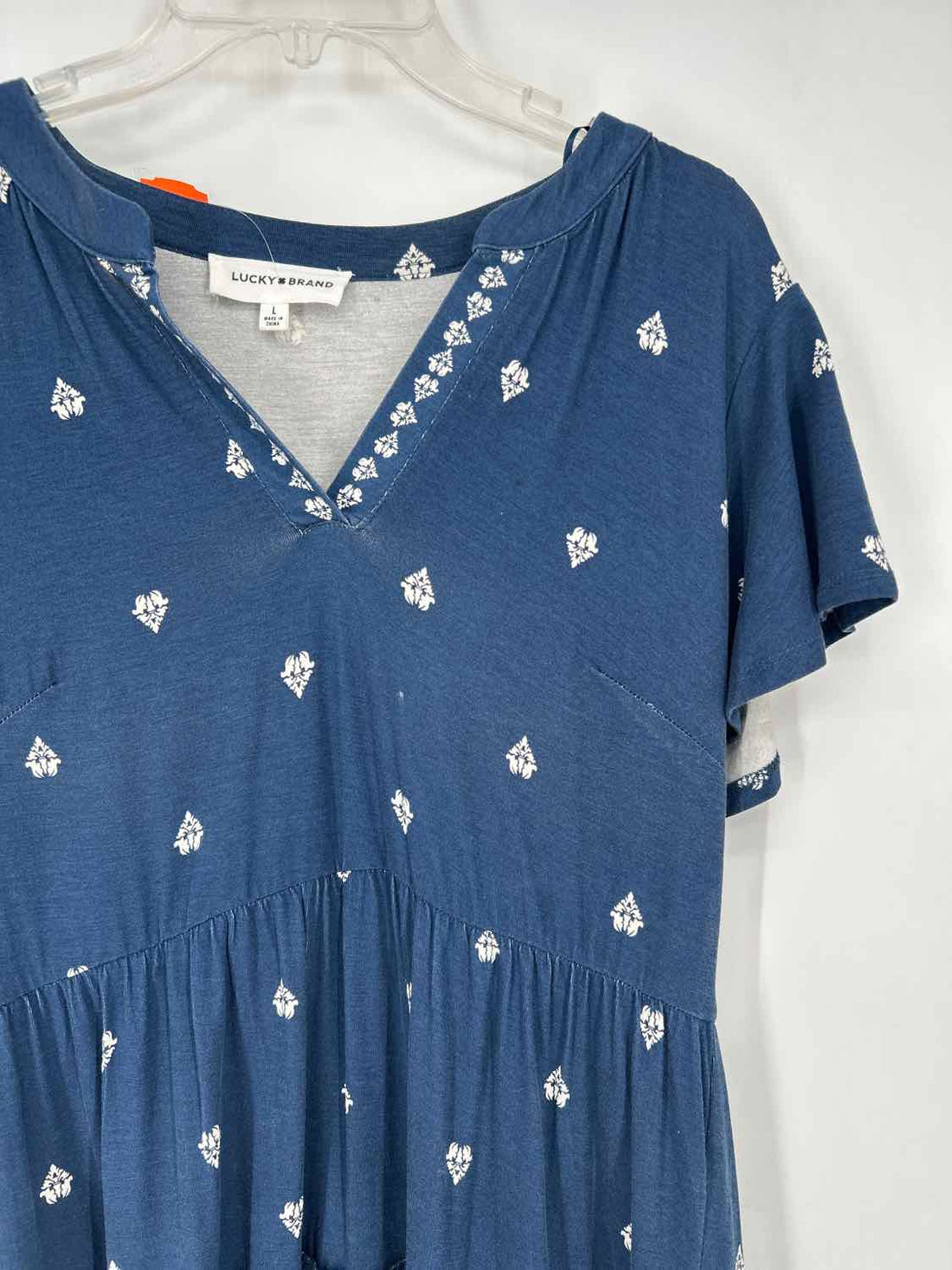 Lucky Brand Size L Navy Print Short Sleeve Dress