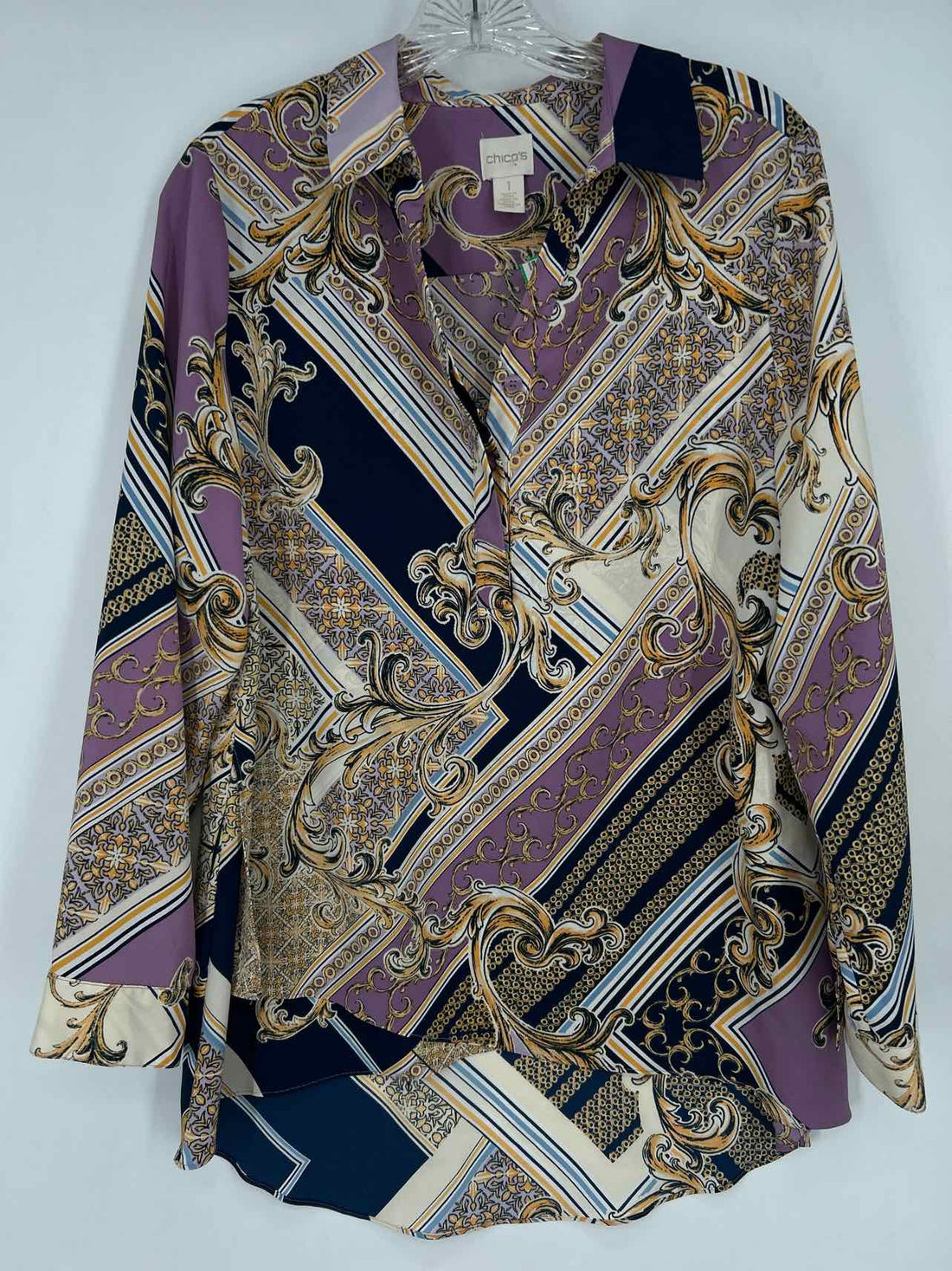 Chicos Size 1/M White Navy & Purple Print Long Sleeve