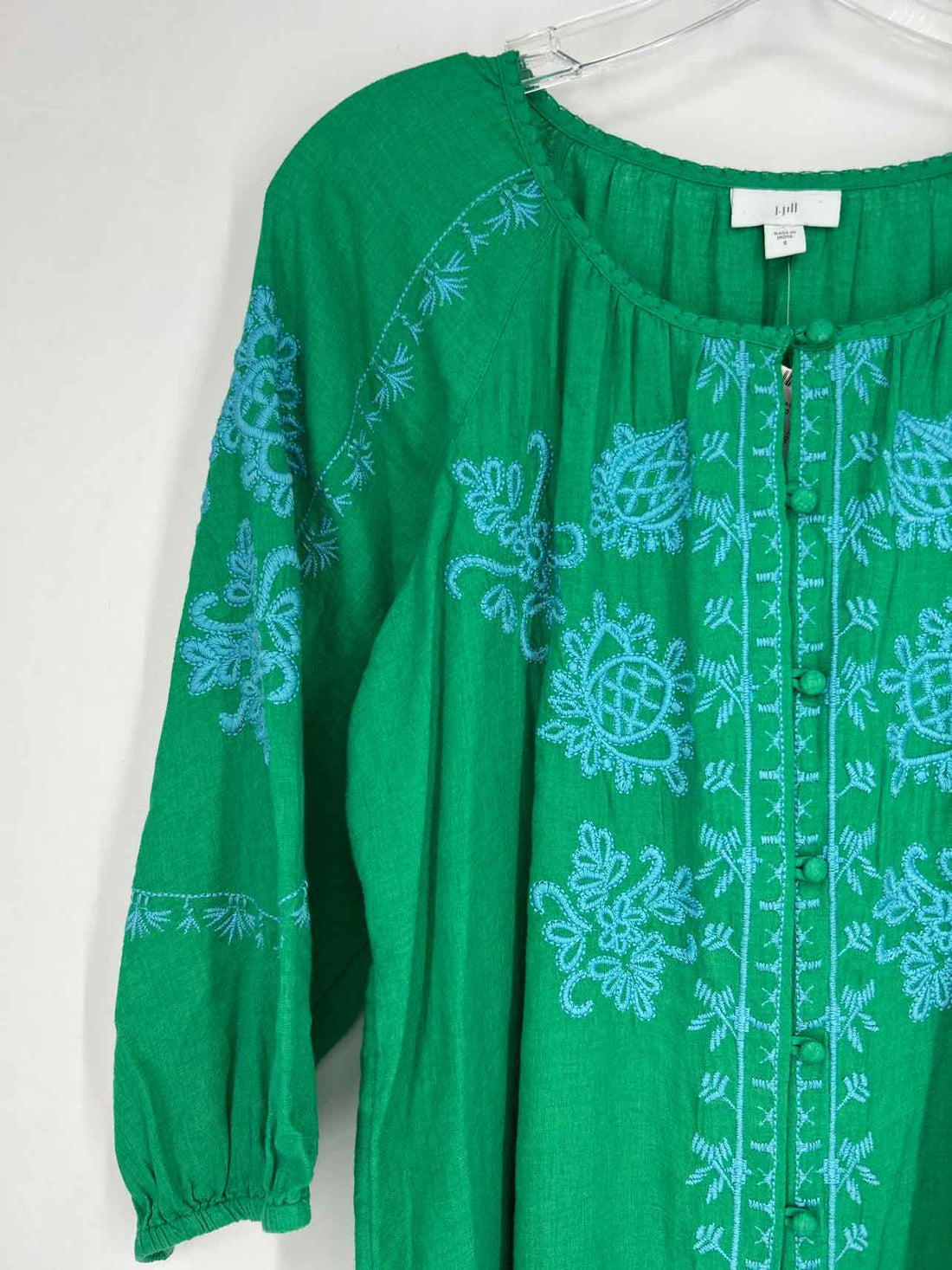 J Jill Size S Green & Light Blue Embroidered Long Sleeve