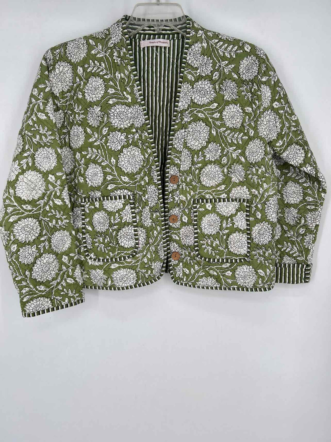 Temple of Treasures Size M Green & White Print Quilted Jacket