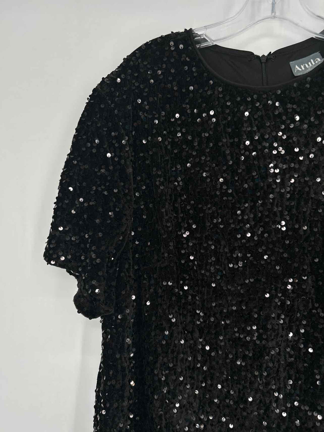 Arula Size A (14-16) Black Sequin Velvet Short Sleeve Dress