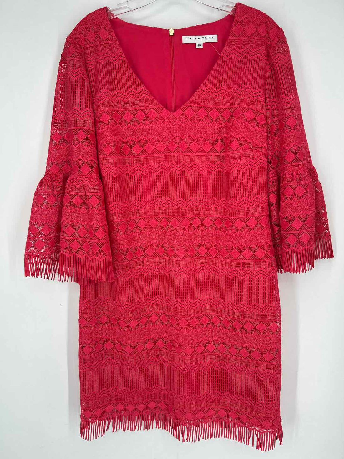Trina Turk Size 10 Dark Pink Crochet Long Sleeve Dress
