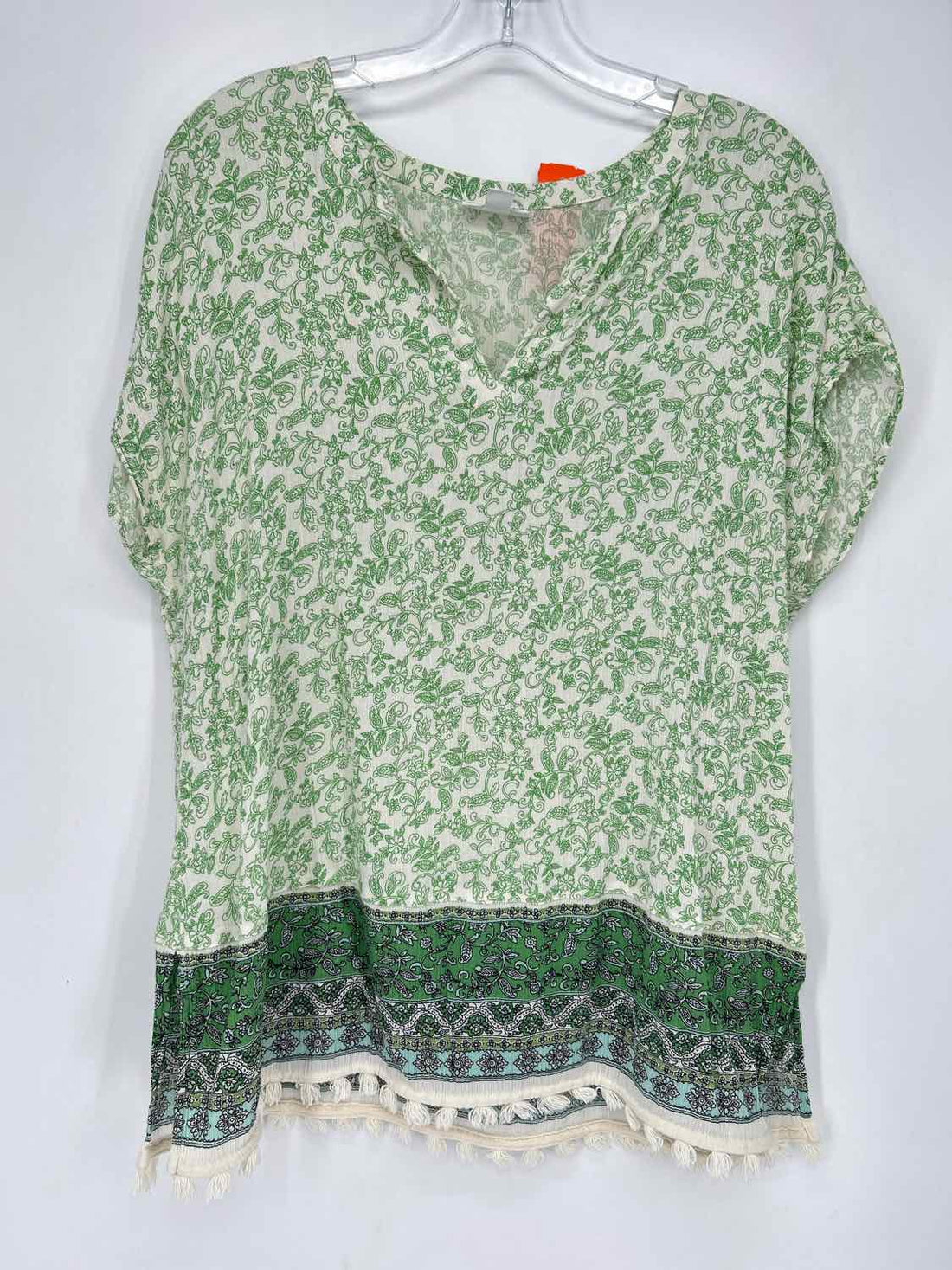 J Jill Size MP White & Green Print Short Sleeve