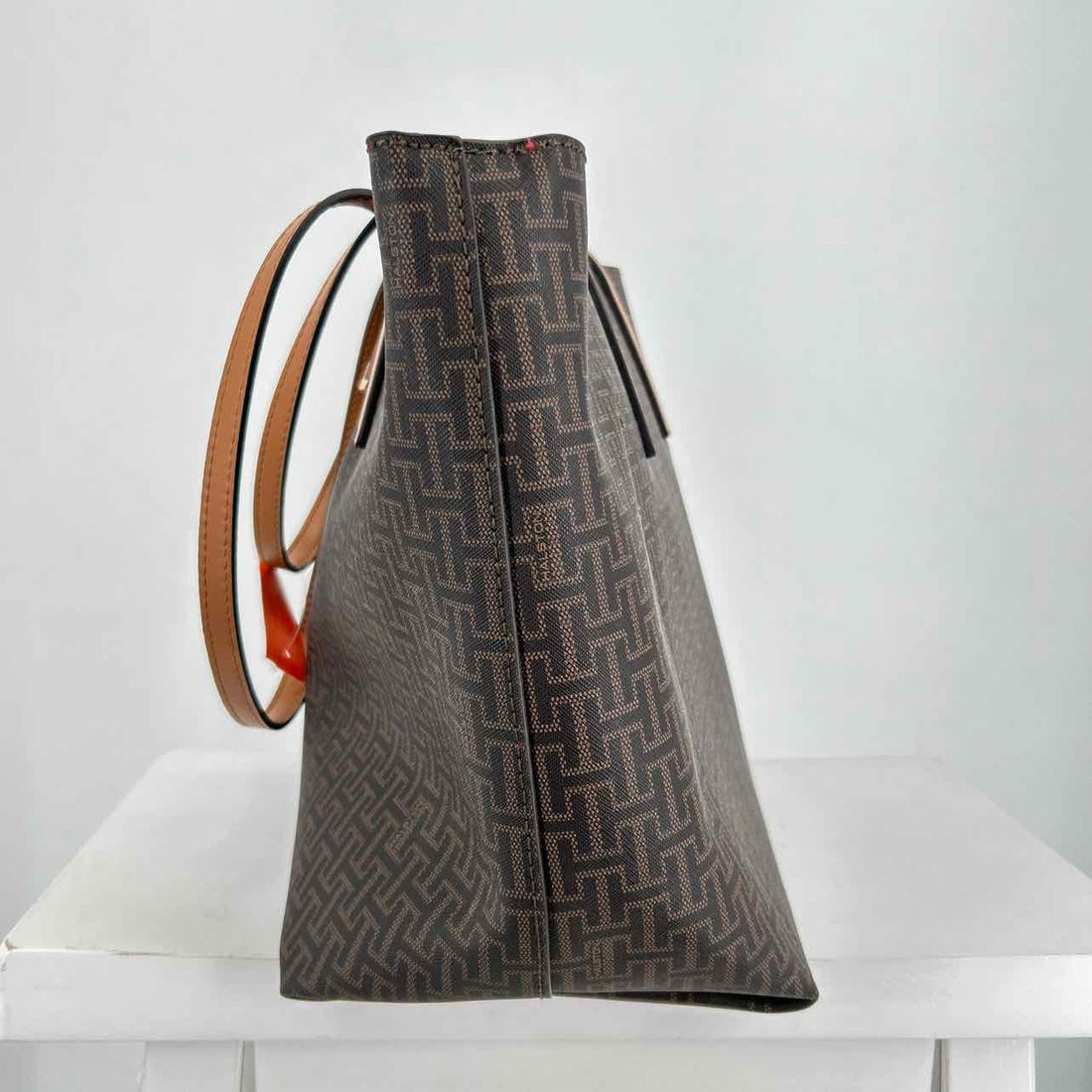 Halston Brown Print Vegan Leather Pre Owned Tote