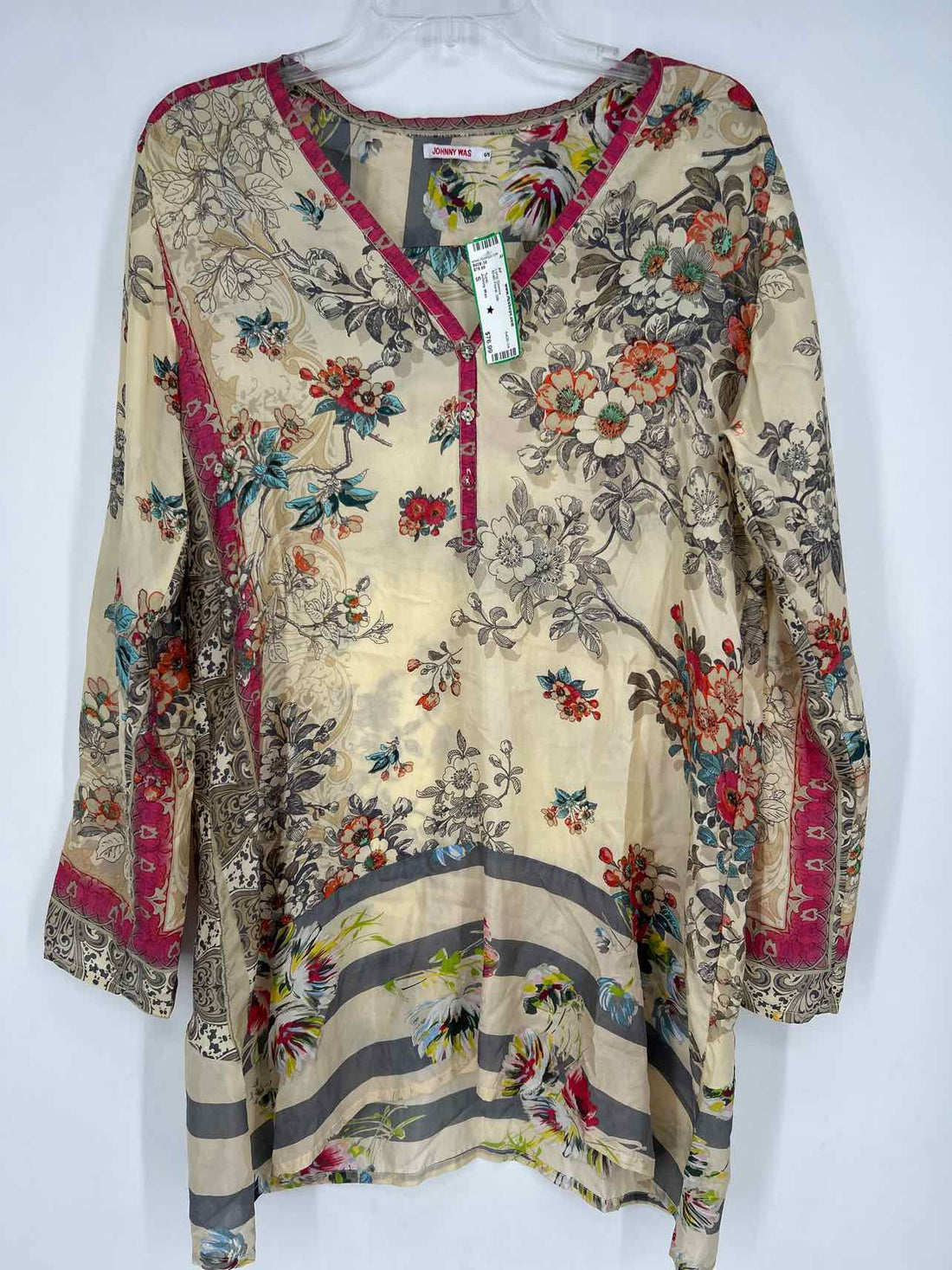 Johnny Was Size S Khaki Floral Silk Long Sleeve