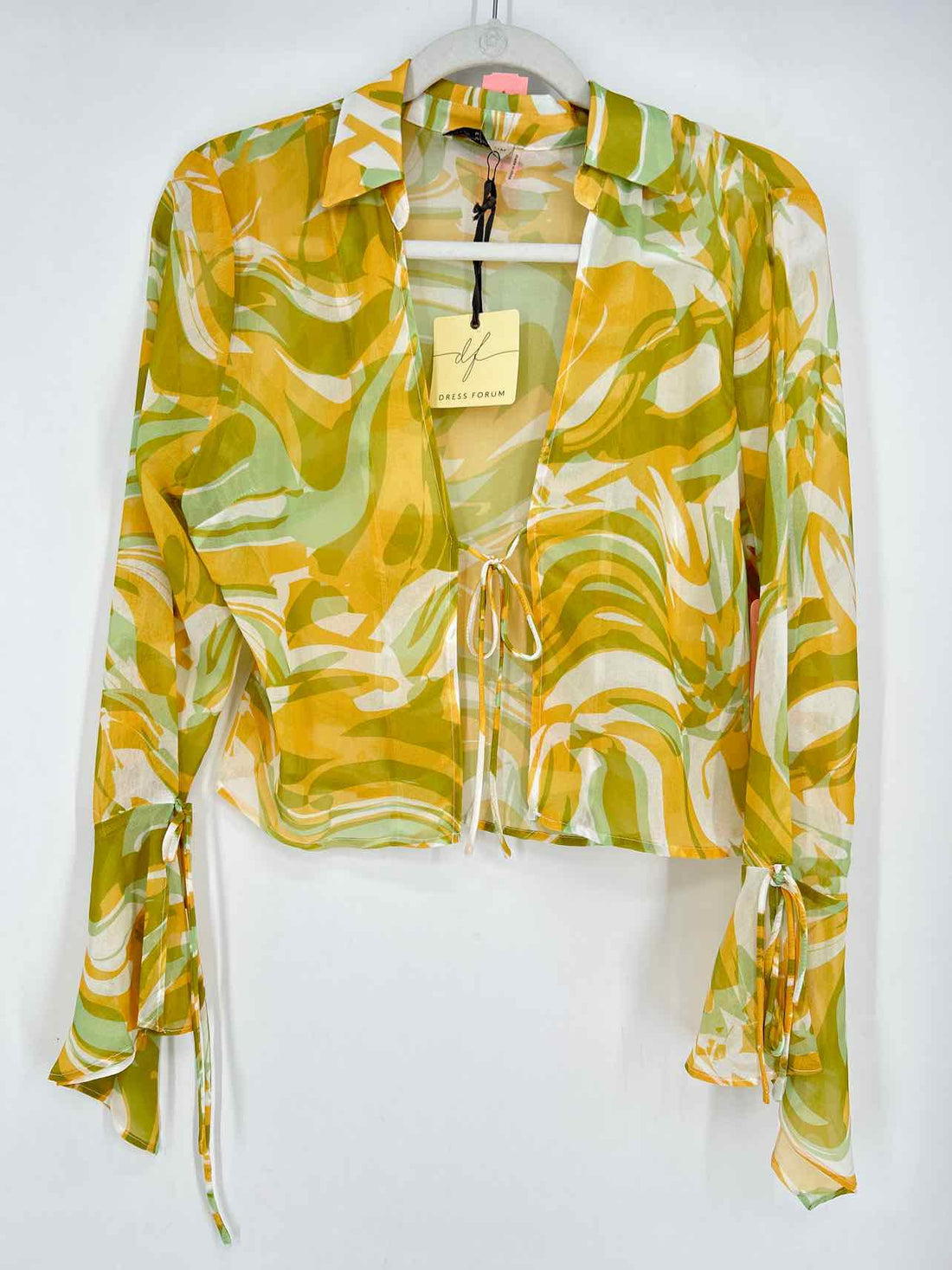 Dress Forum Size M Yellow & White Print Sheer NWT Long Sleeve