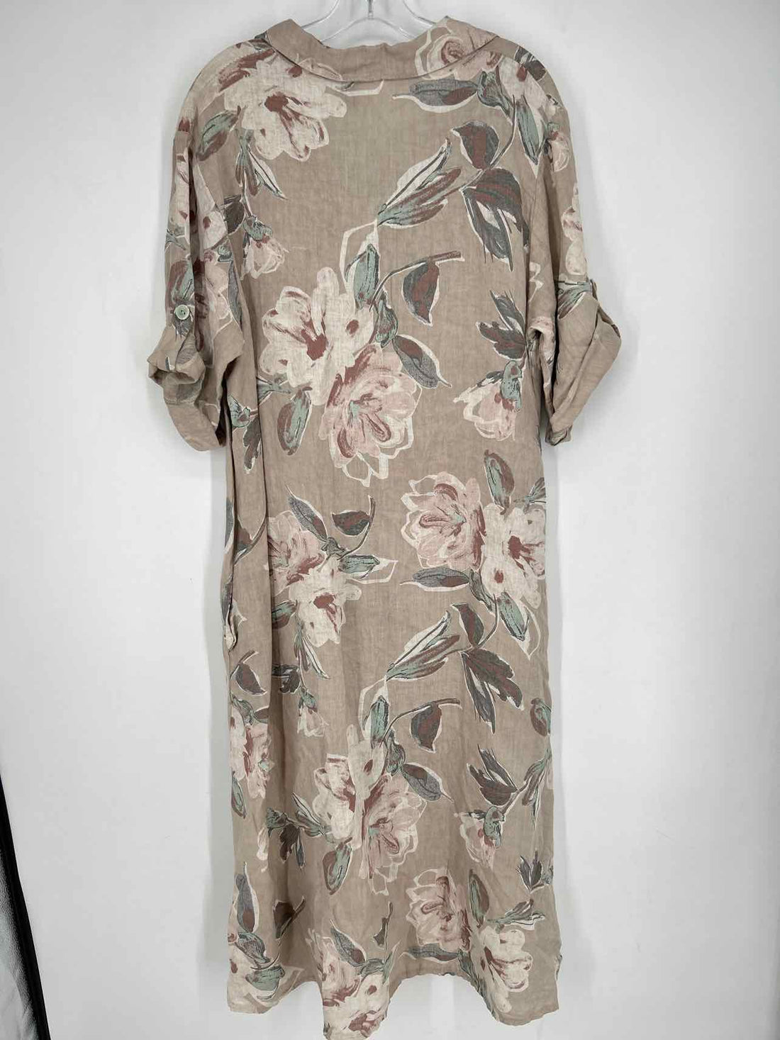 Venti6 Size L Beige Floral Linen Short Sleeve Dress