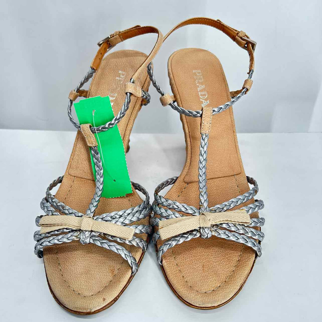 Prada Bow Wedge Women Size 38 Silver Pre Owned Leather LUXURY
