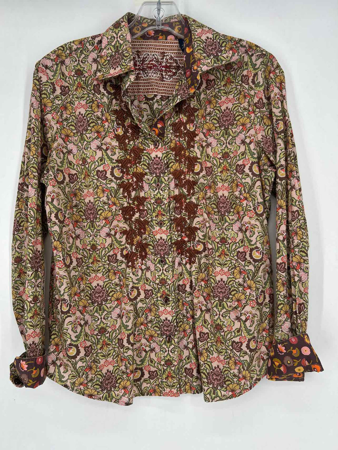 Robert Graham Size L Green Yellow & Brown Floral Long Sleeve
