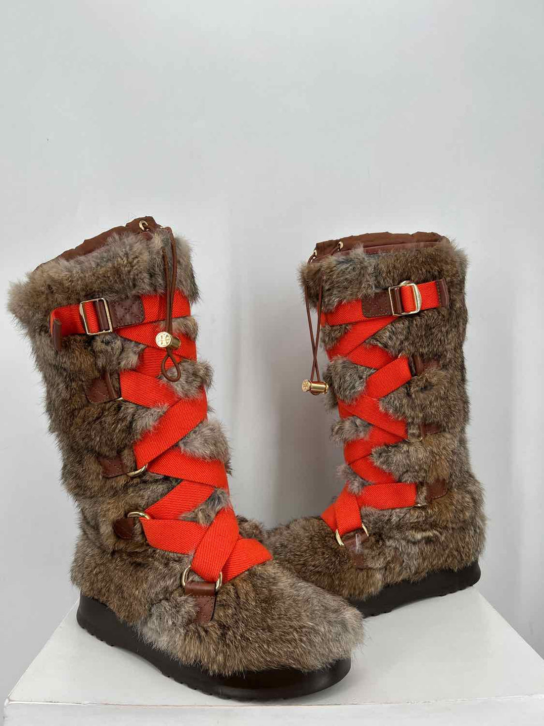 Tory Burch Women Size 9 Brown & Orange New Rabbit Fur Mid Calf Boot