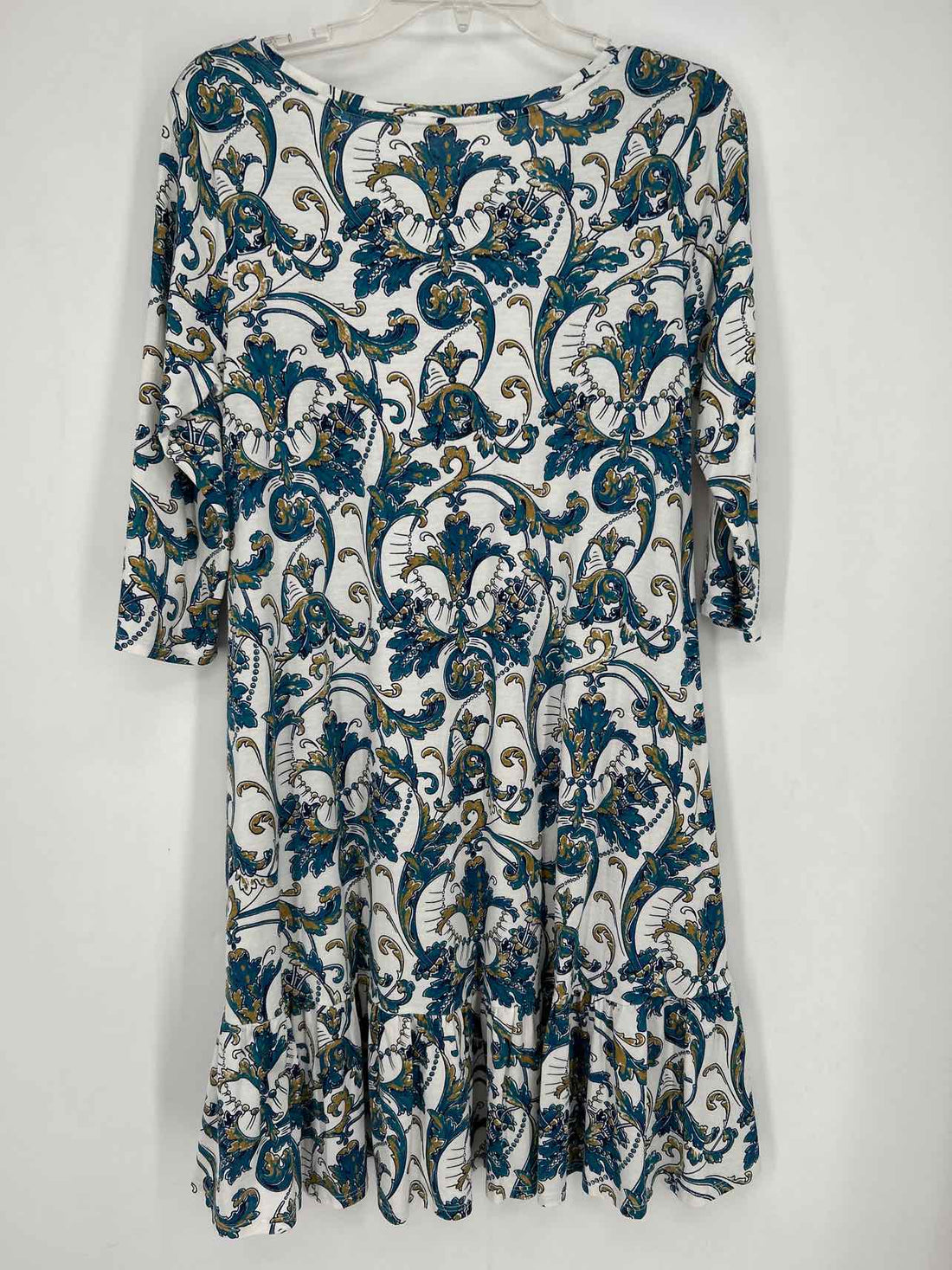 Peruvian Connections Size S White & Teal Print Dress