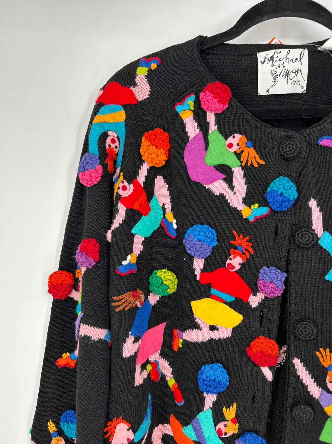 Michael Simon Size L Black Print Embroidered 90s Vintage Cardigan