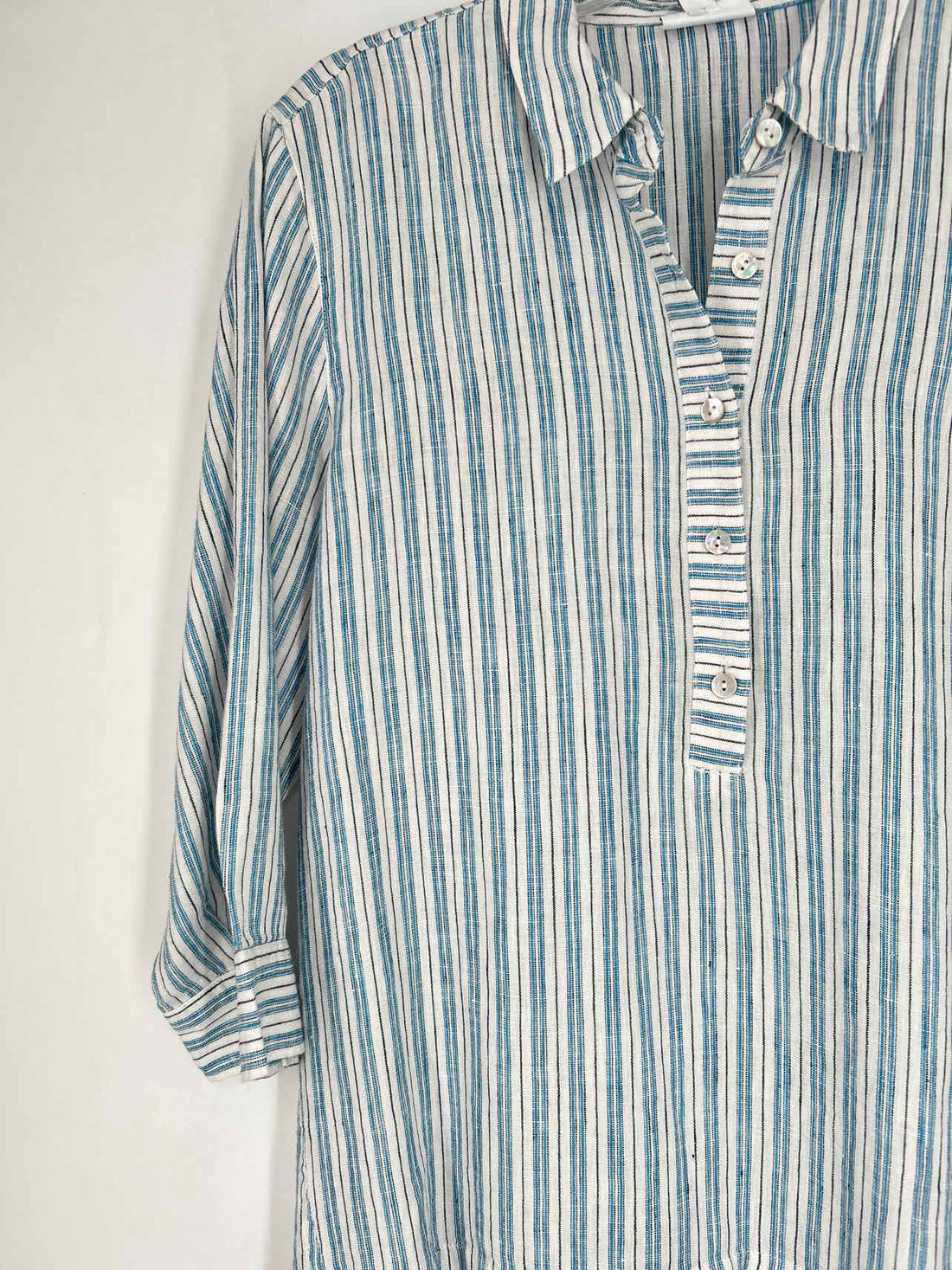 J Jill Love Linen Size M White & Blue Striped Long Sleeve