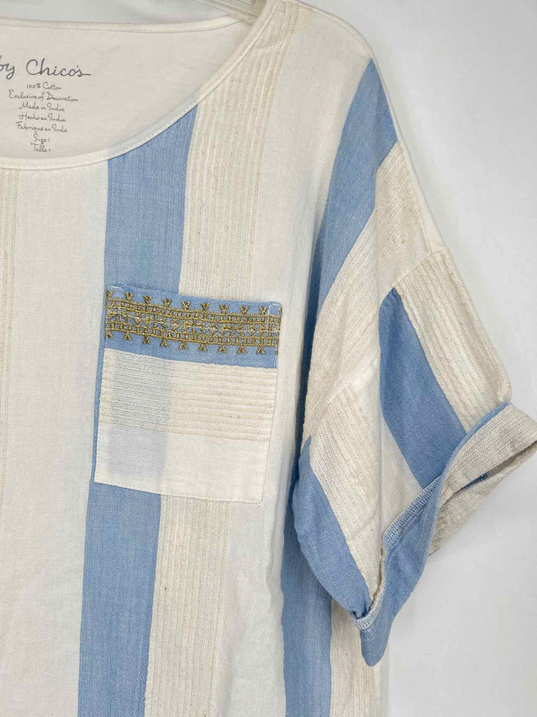 Chicos Size 1/M White & Blue Striped Short Sleeve