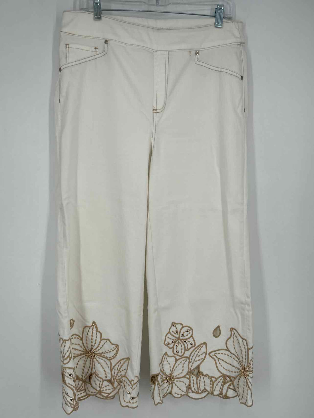 Chicos Size 1.5 (10) White & Khaki Embroidered Jeans