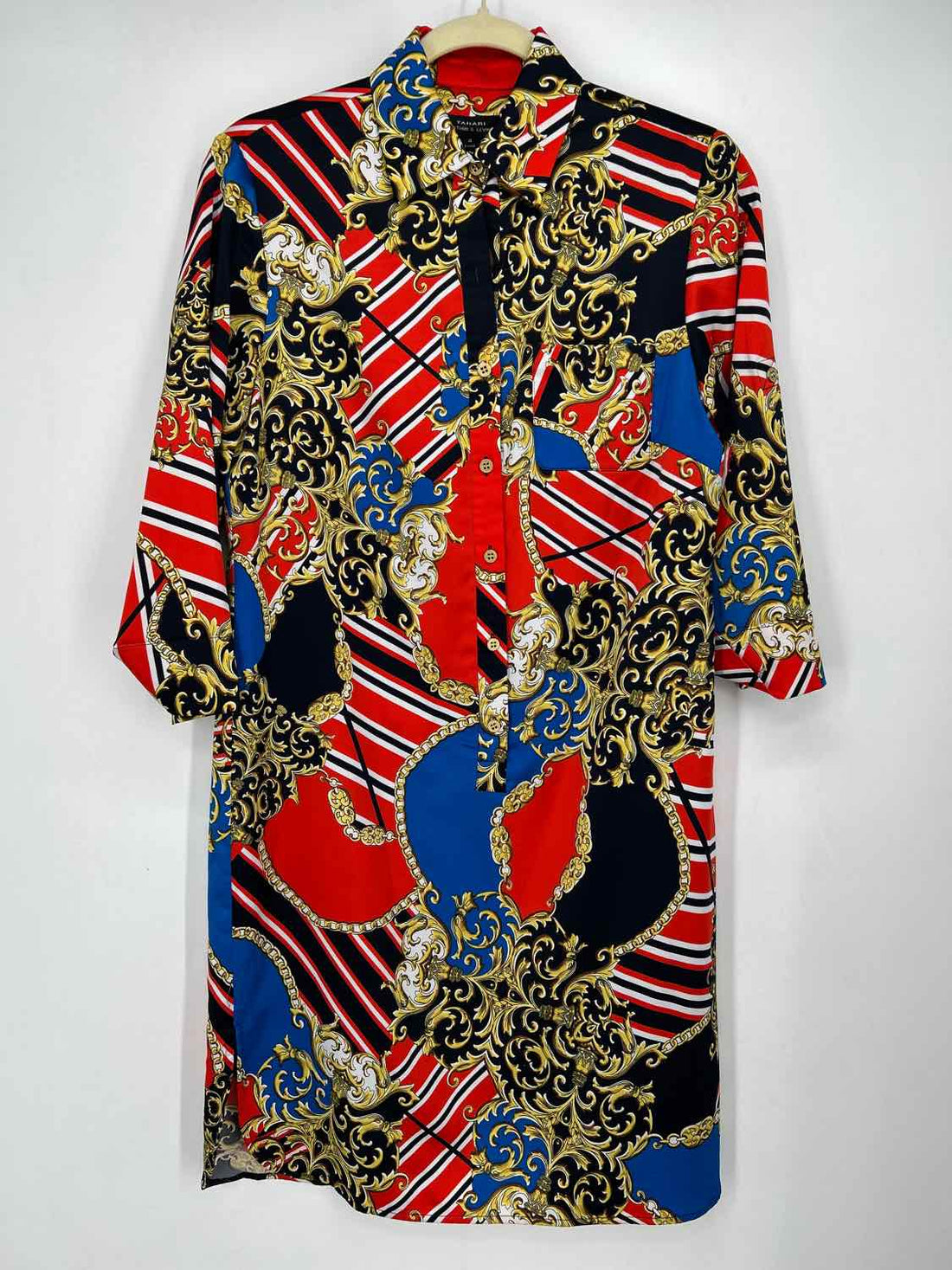 Tahari Arthur S. Levine Size 4 Navy & Red Print Long Sleeve Dress