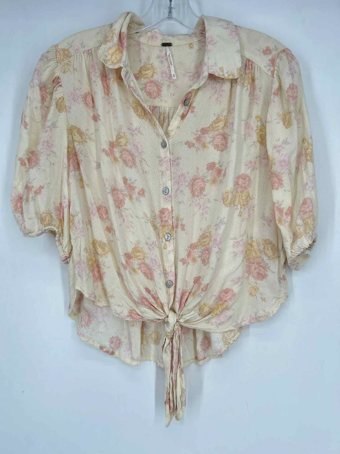 Free People Size M Ivory Floral Short Sleeve