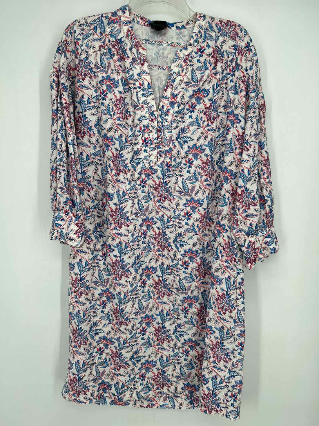 J McLaughlin Size M White Blue & Red Floral Linen 100% Long Sleeve Dress