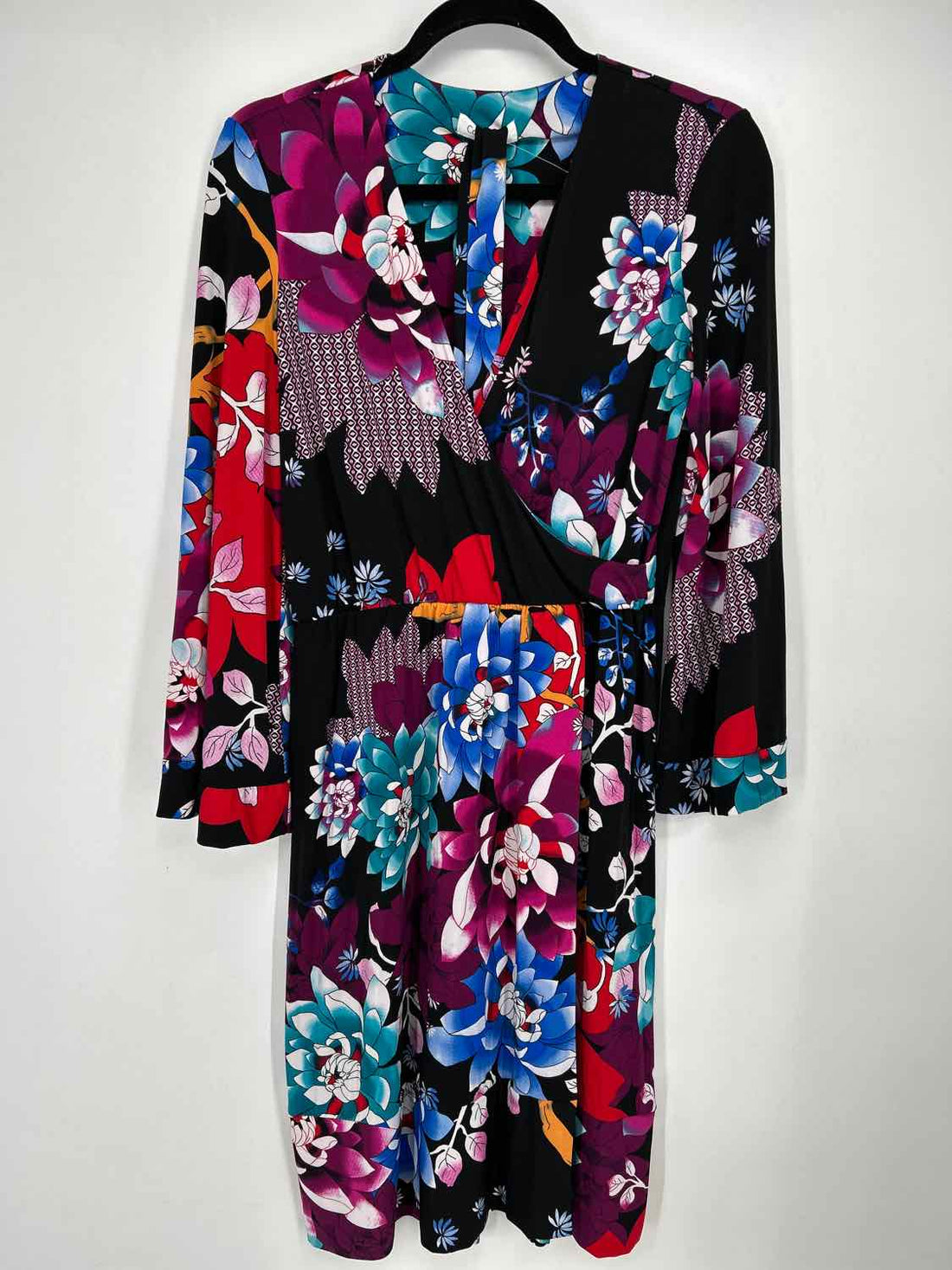 Calvin Klein Size 6 Black & Purple Print Long Sleeve Dress