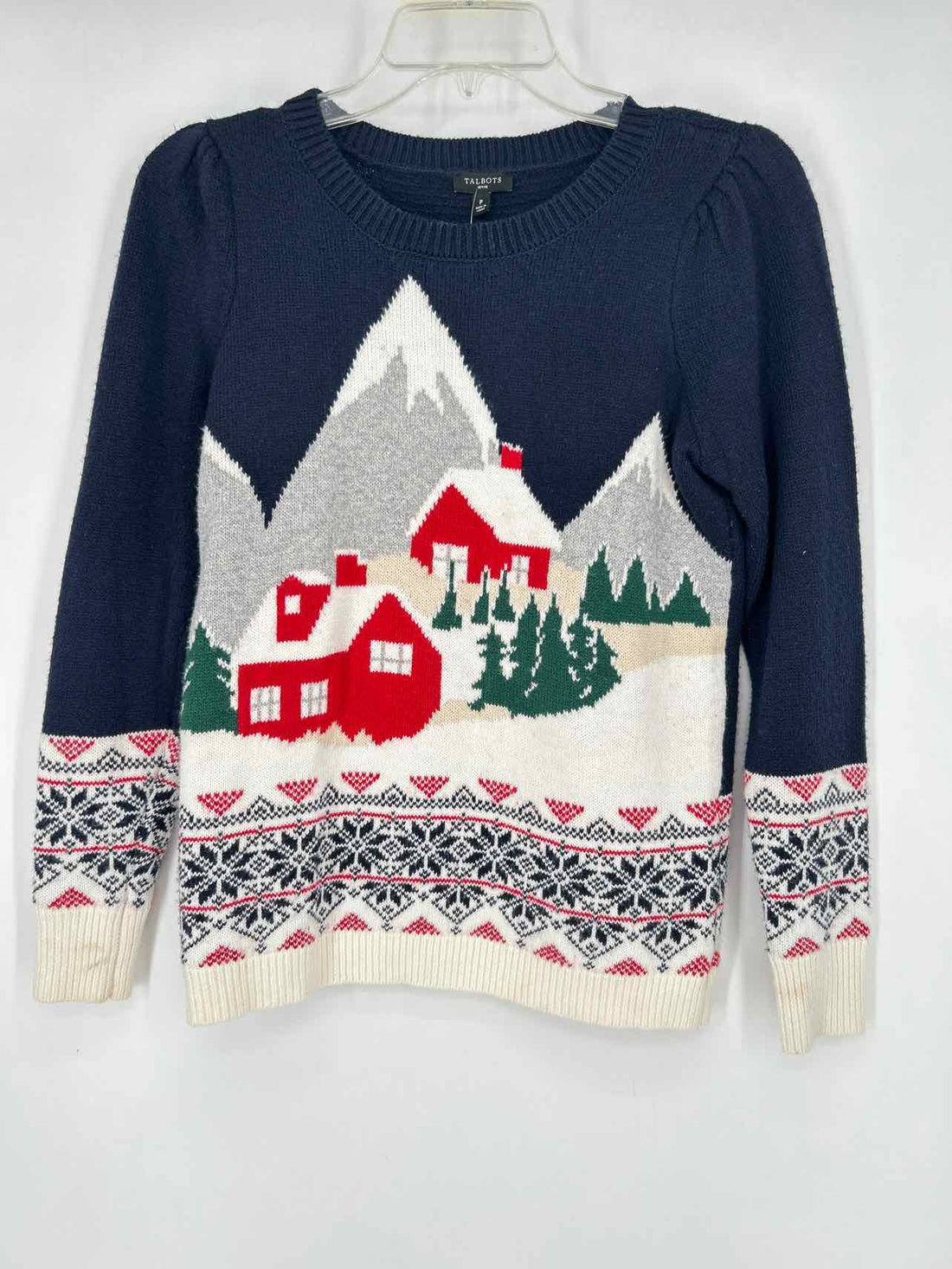 Talbots P Navy & White Print Sweater Holiday