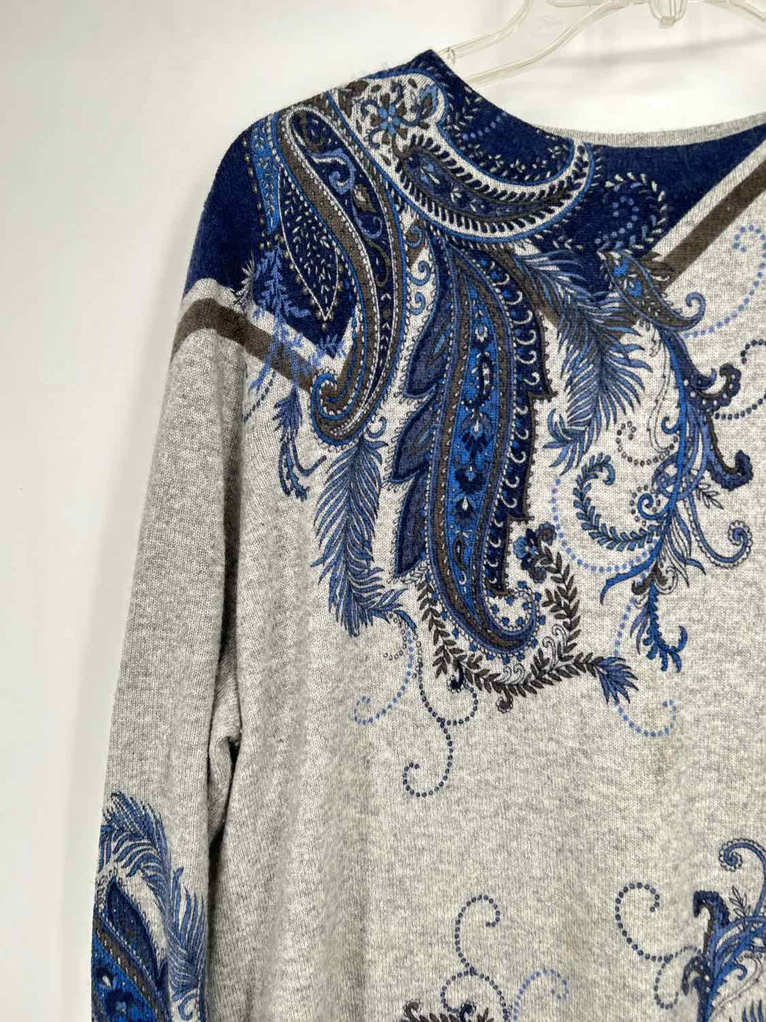 Talbots Size 2X Light Gray & Blue Print Cashmere Sweater