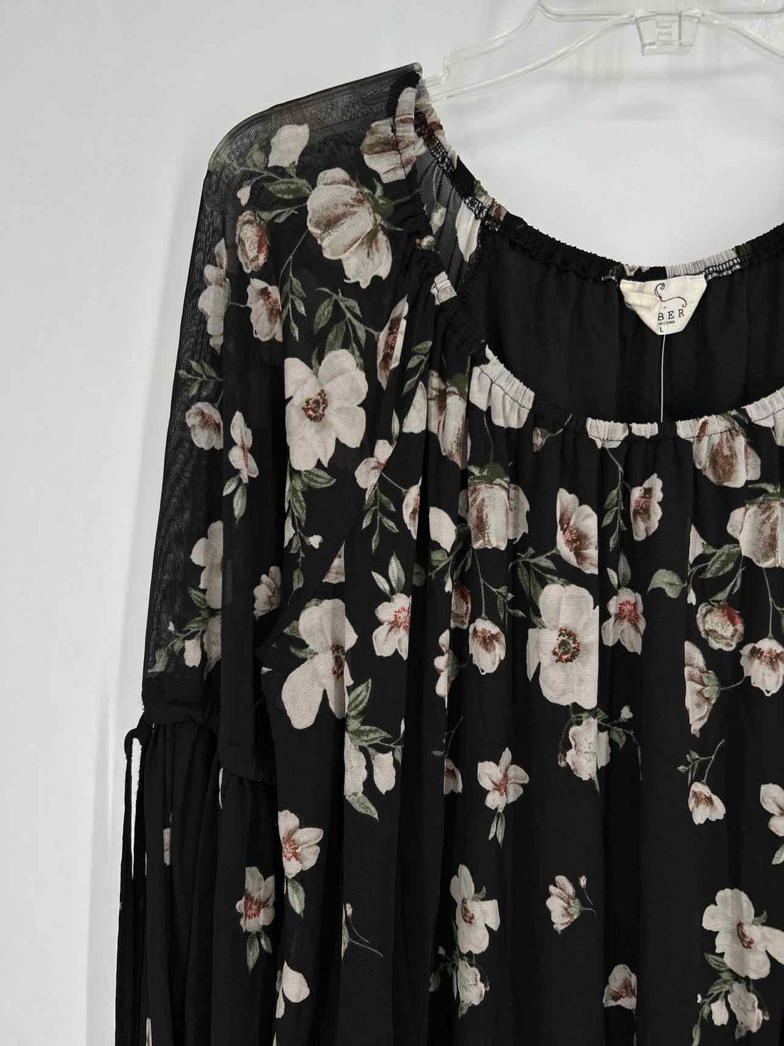 Ember Size L Black Floral Sheer Long Sleeve
