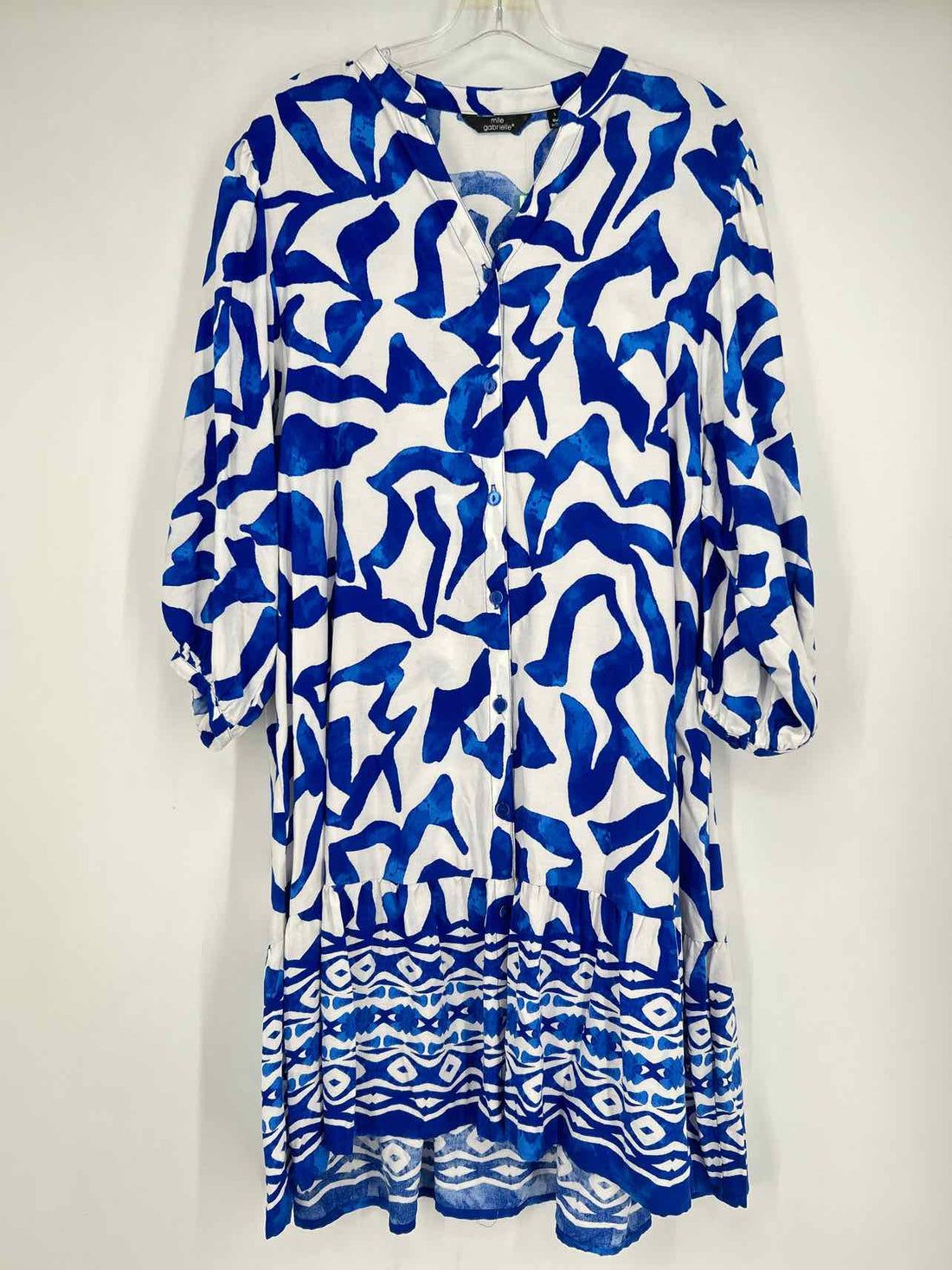 Mlle Gabrielle Size L White & Blue Long Sleeve Dress