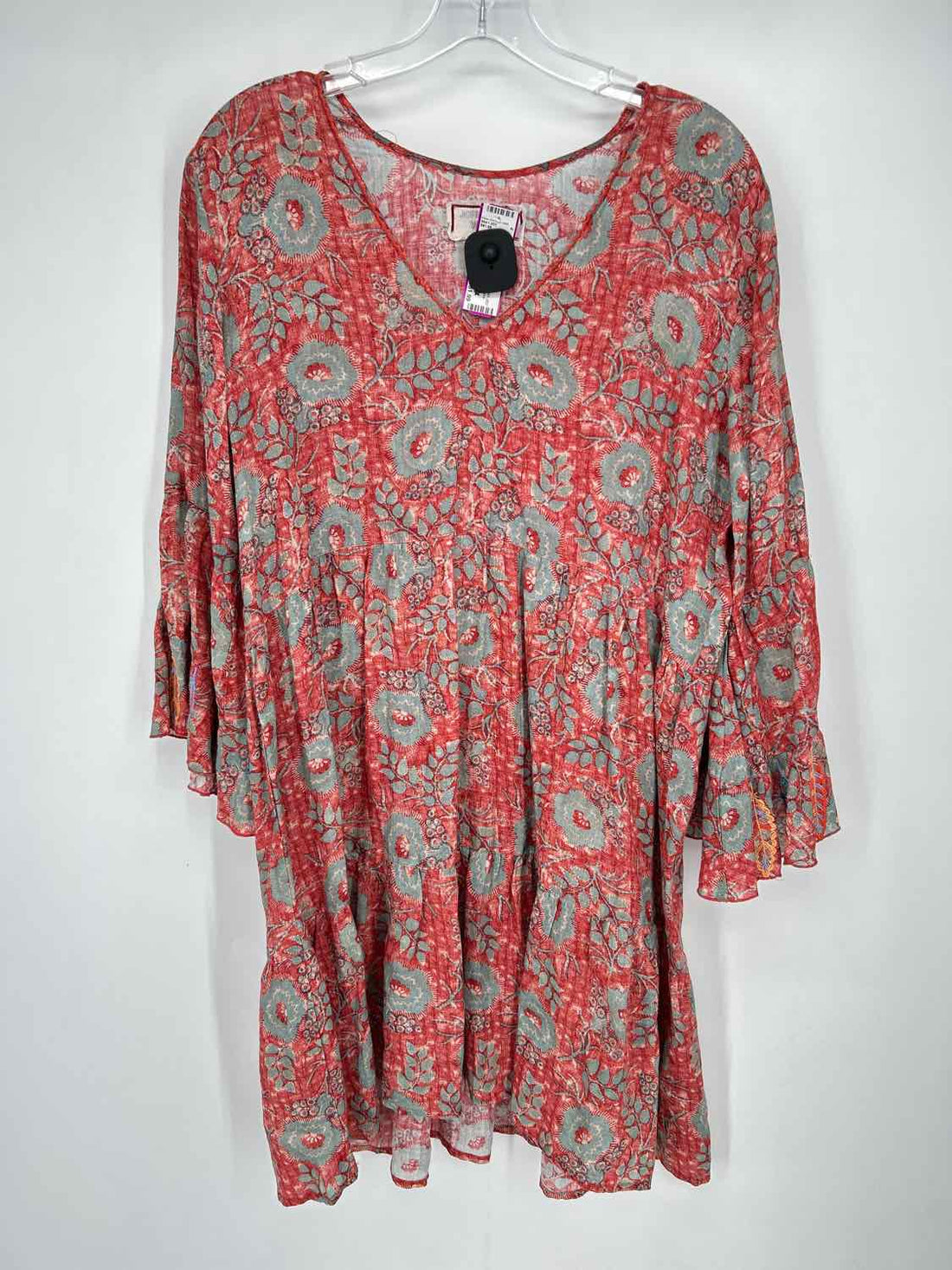Johnny Was Size M Red & Blue Floral Ramie Long Sleeve Dress
