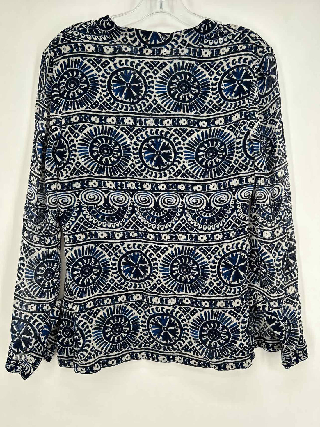 Tory Burch Size 2 Navy & White Print Silk Blend Long Sleeve