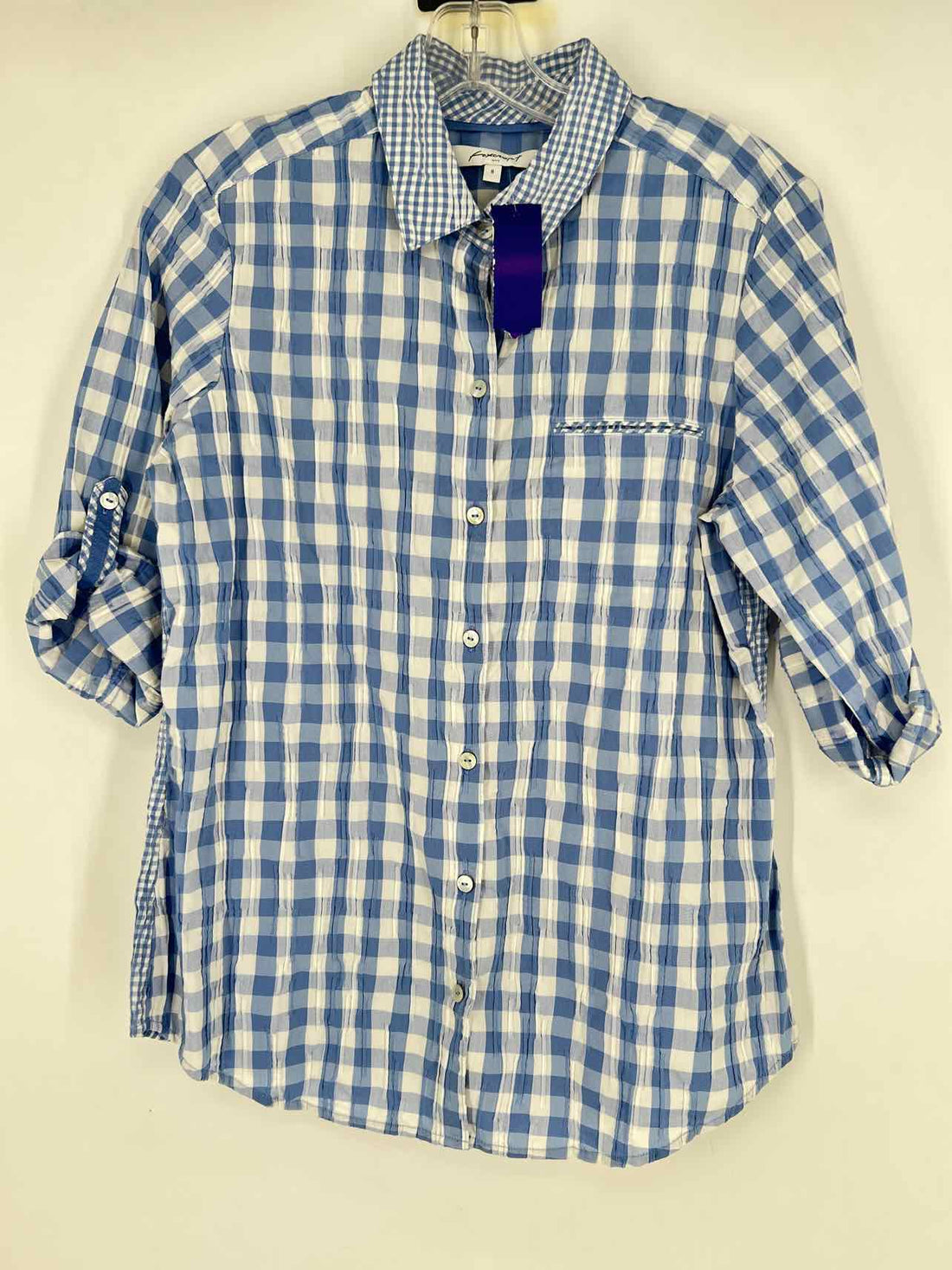Foxcroft Size 8 Blue & White Short Sleeve